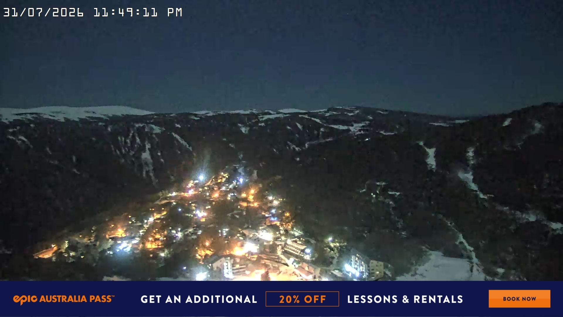 Falls Creek Village View snow cam captured at 31 July 2026 at 11:54 pm AEST