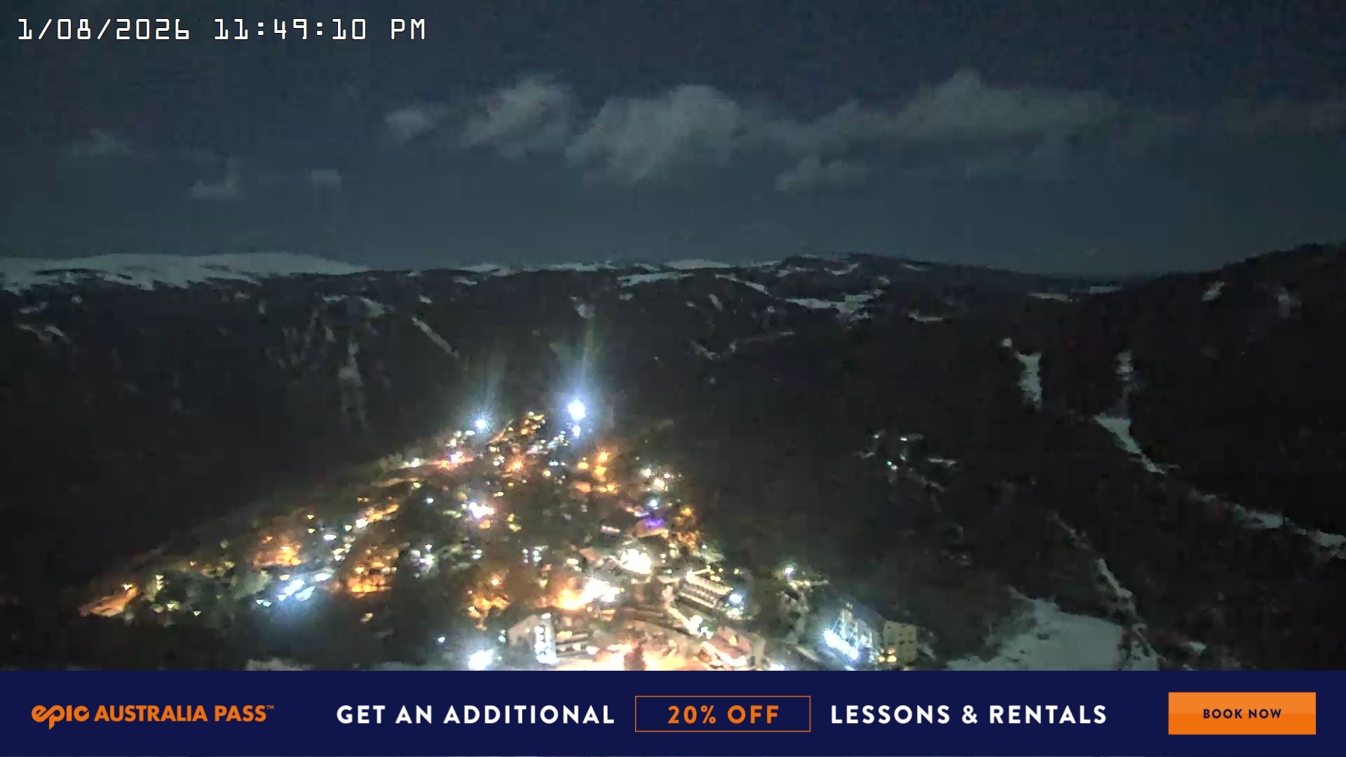 Falls Creek Village View snow cam captured at 1 August 2026 at 11:52 pm AEST