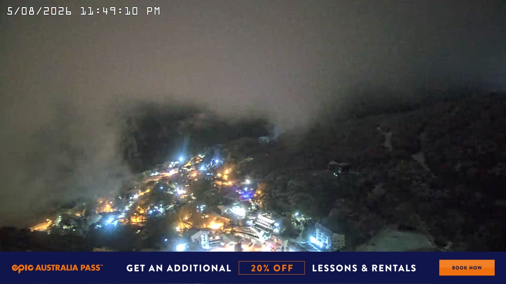 Falls Creek Village View snow cam captured at 5 August 2026 at 11:54 pm AEST