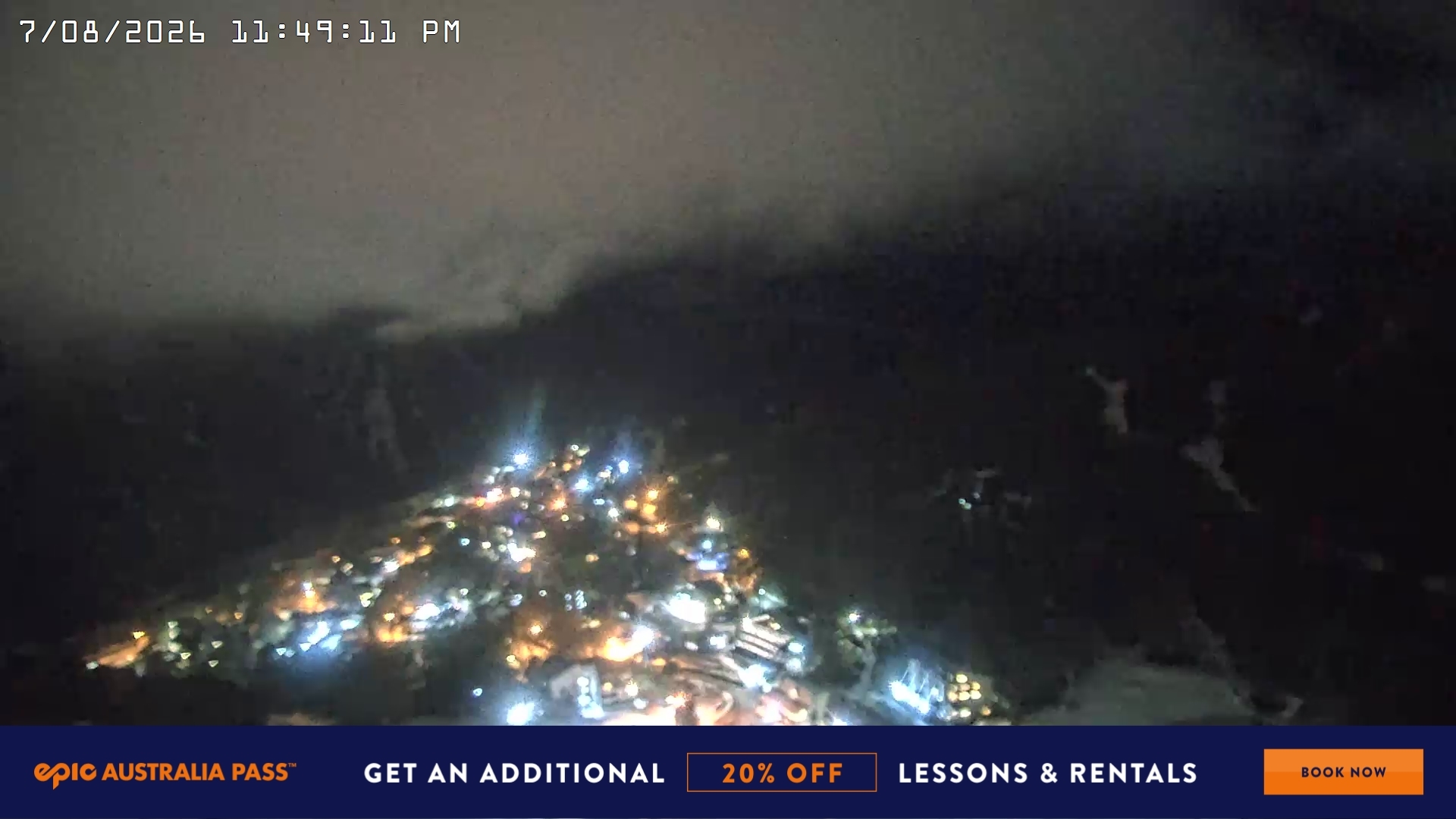 Falls Creek Village View snow cam captured at 7 August 2026 at 11:56 pm AEST