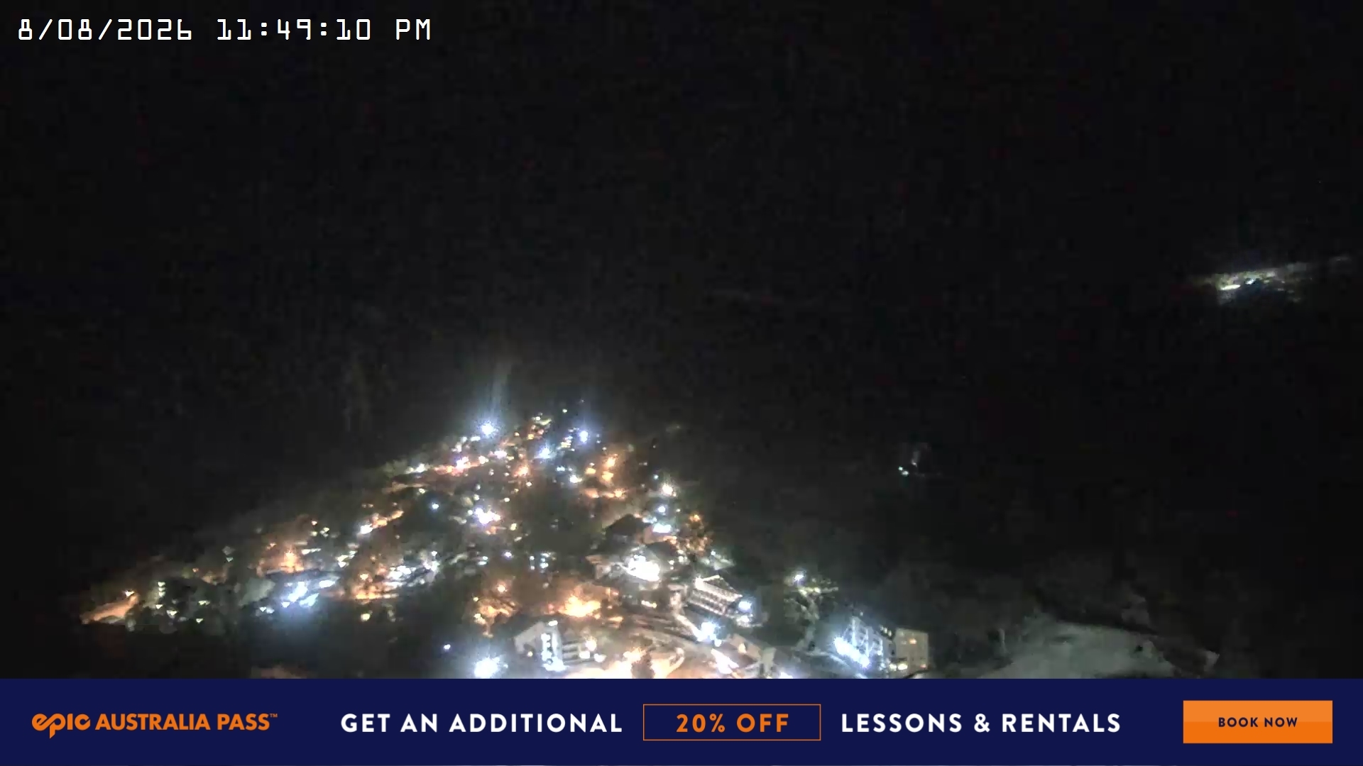Falls Creek Village View snow cam captured at 8 August 2026 at 11:57 pm AEST