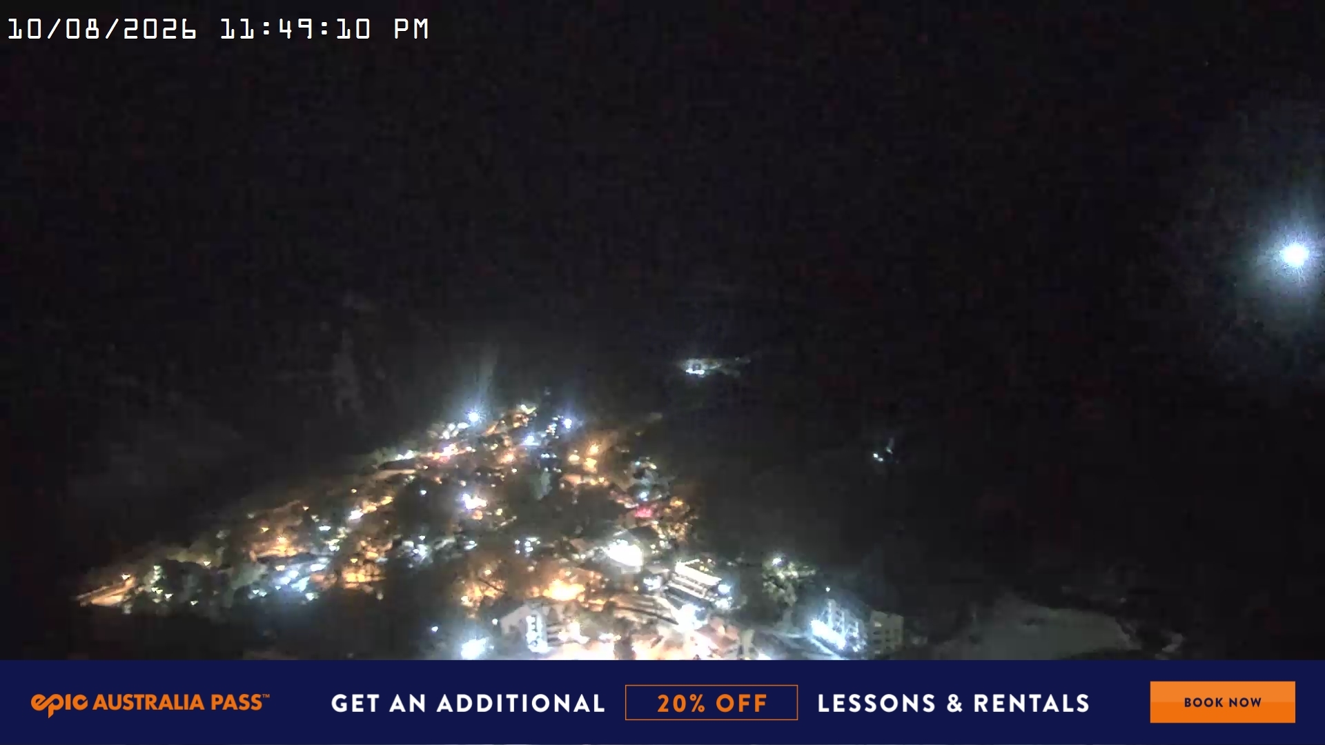 Falls Creek Village View snow cam captured at 10 August 2026 at 11:55 pm AEST