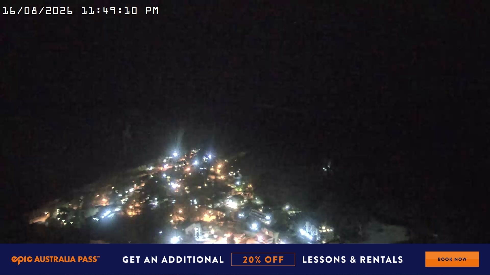 Falls Creek Village View snow cam captured at 16 August 2026 at 11:57 pm AEST