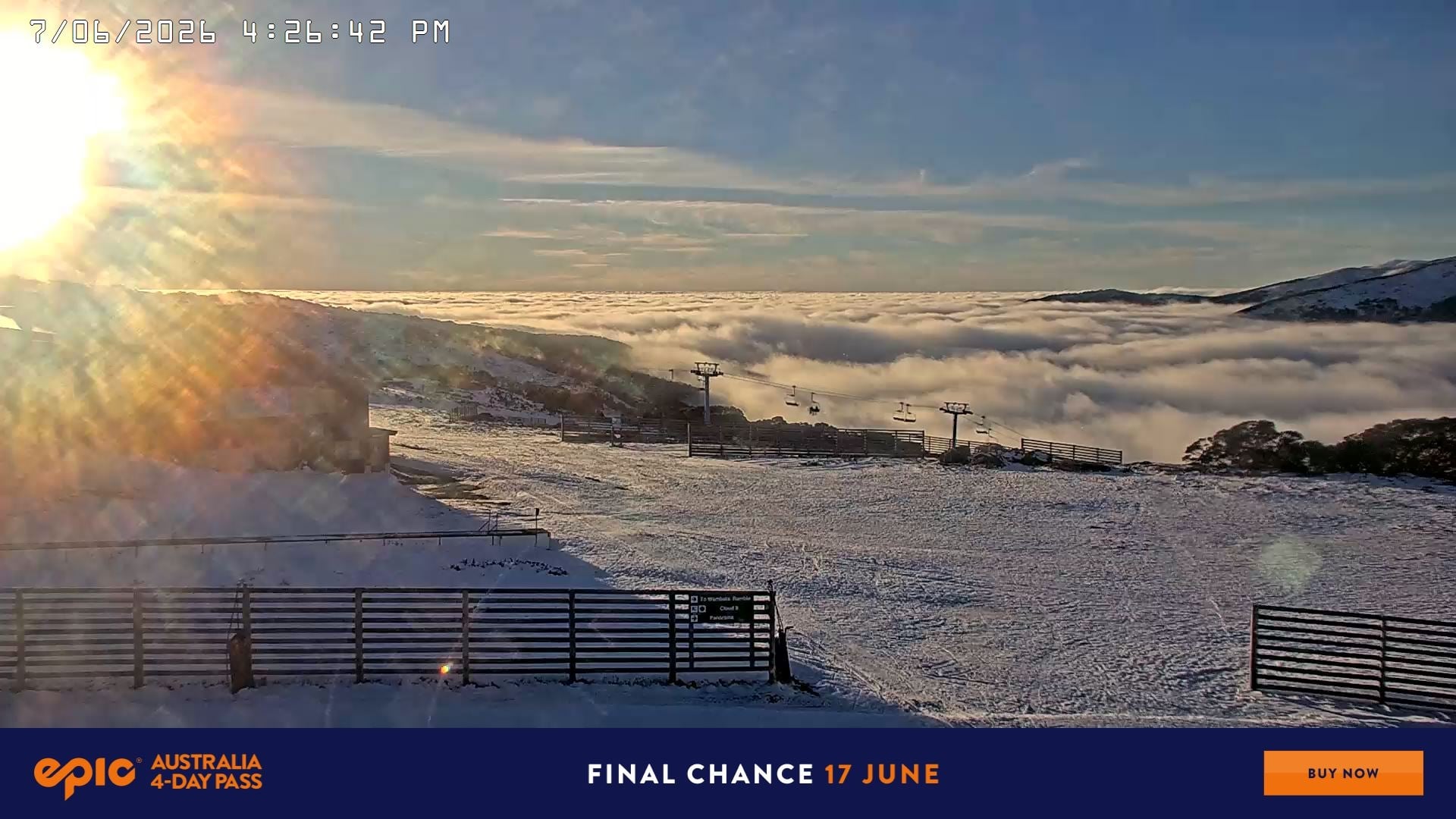 Falls Creek Cloud 9 snow cam captured at 7 June 2026, 6:34 am