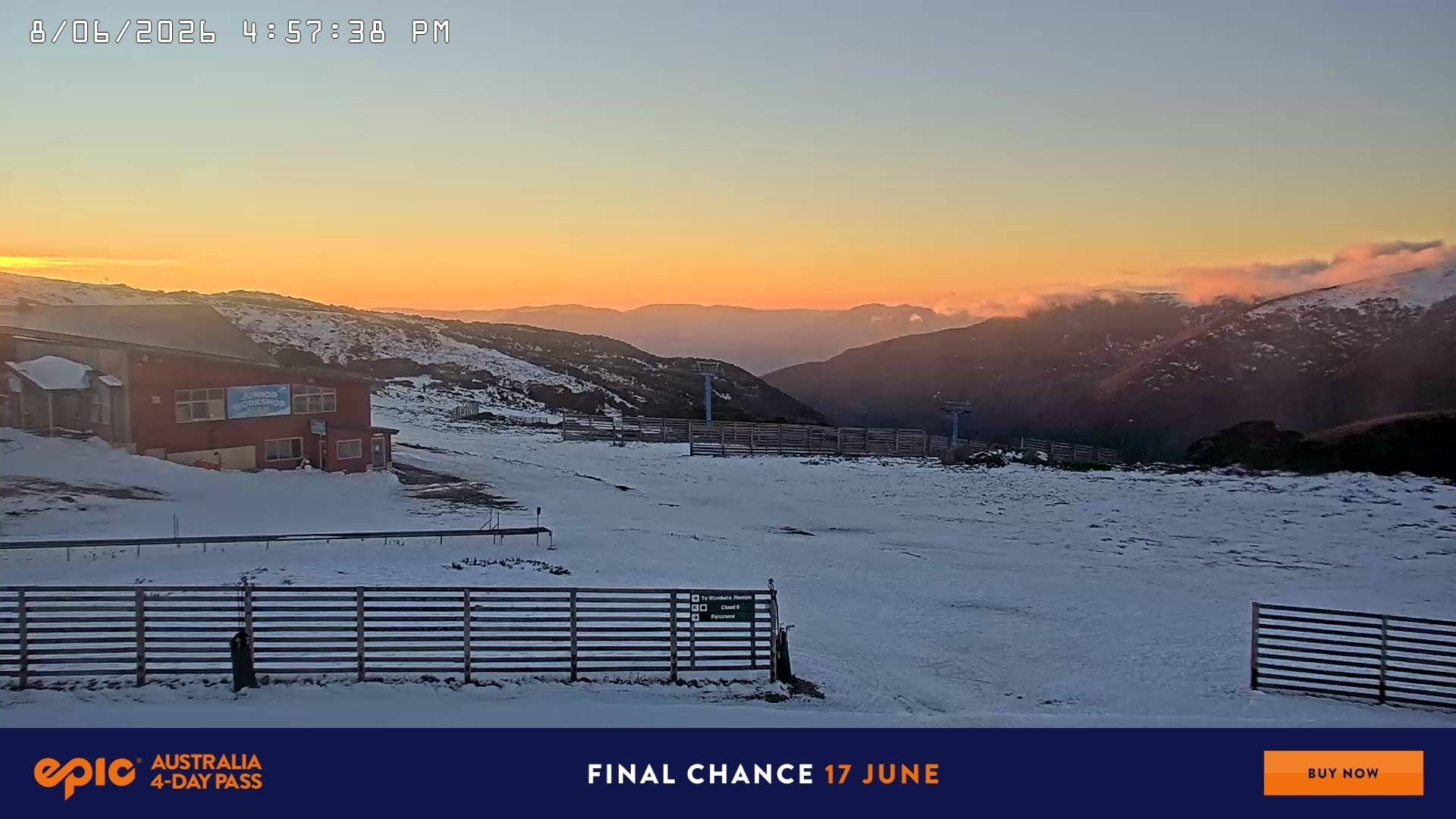 Falls Creek Cloud 9 snow cam captured at 8 June 2026, 7:04 am