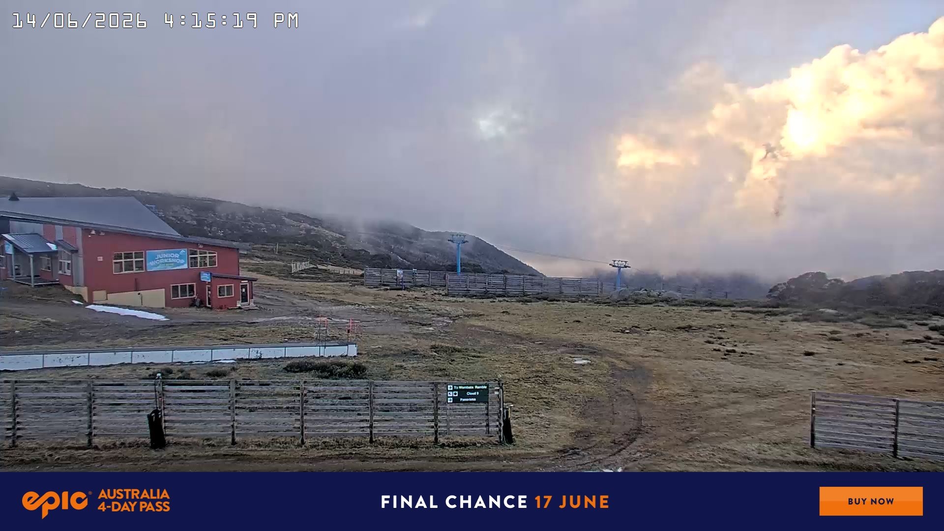 Falls Creek Cloud 9 snow cam captured at 14 June 2026, 6:21 am