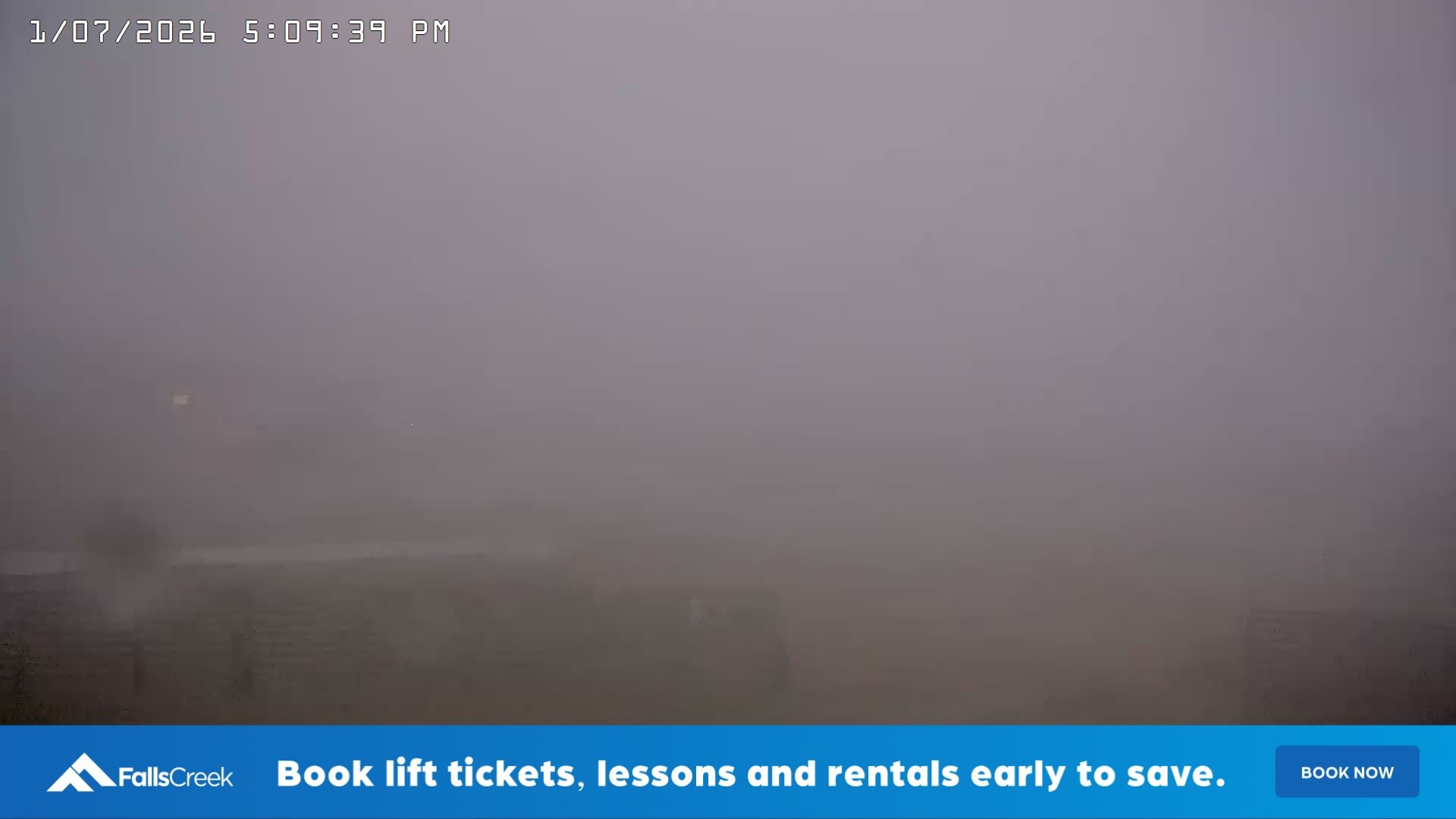 Falls Creek Cloud 9 snow cam captured at 1 July 2026 at 5:10 pm AEST