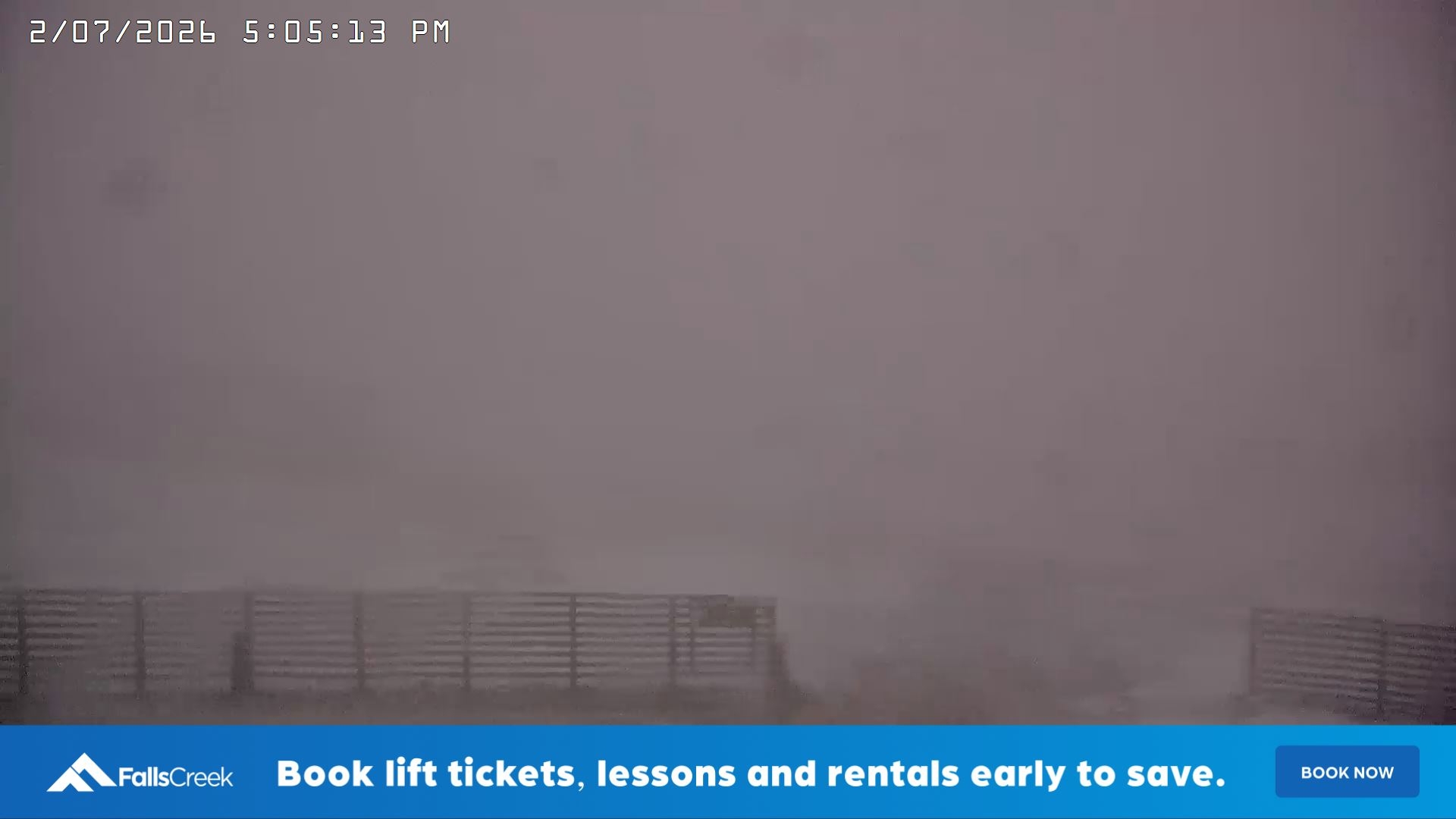 Falls Creek Cloud 9 snow cam captured at 2 July 2026 at 5:16 pm AEST