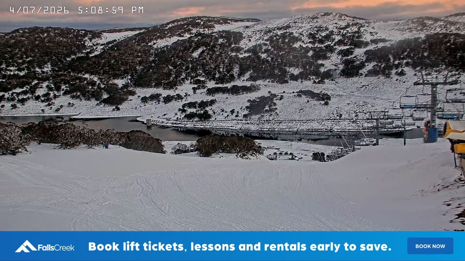 Falls Creek Cloud 9 snow cam captured at 4 July 2026 at 5:18 pm AEST