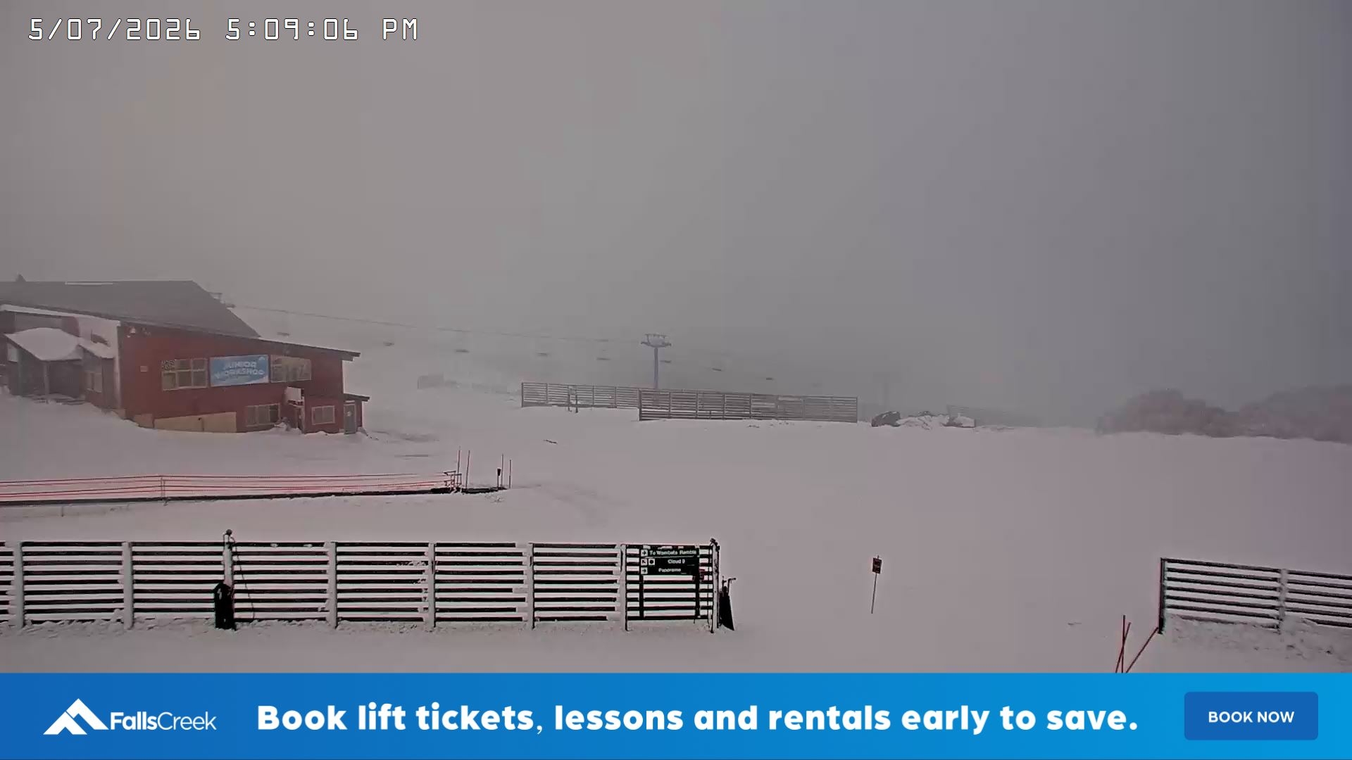 Falls Creek Cloud 9 snow cam captured at 5 July 2026 at 5:19 pm AEST