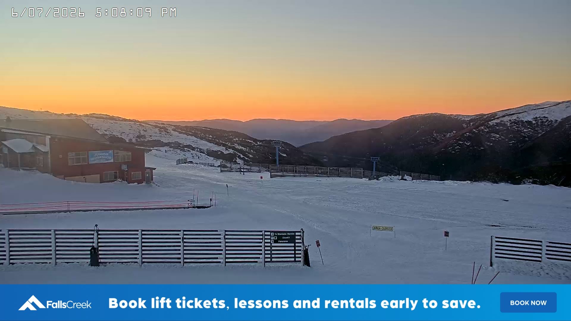 Falls Creek Cloud 9 snow cam captured at 6 July 2026 at 5:20 pm AEST