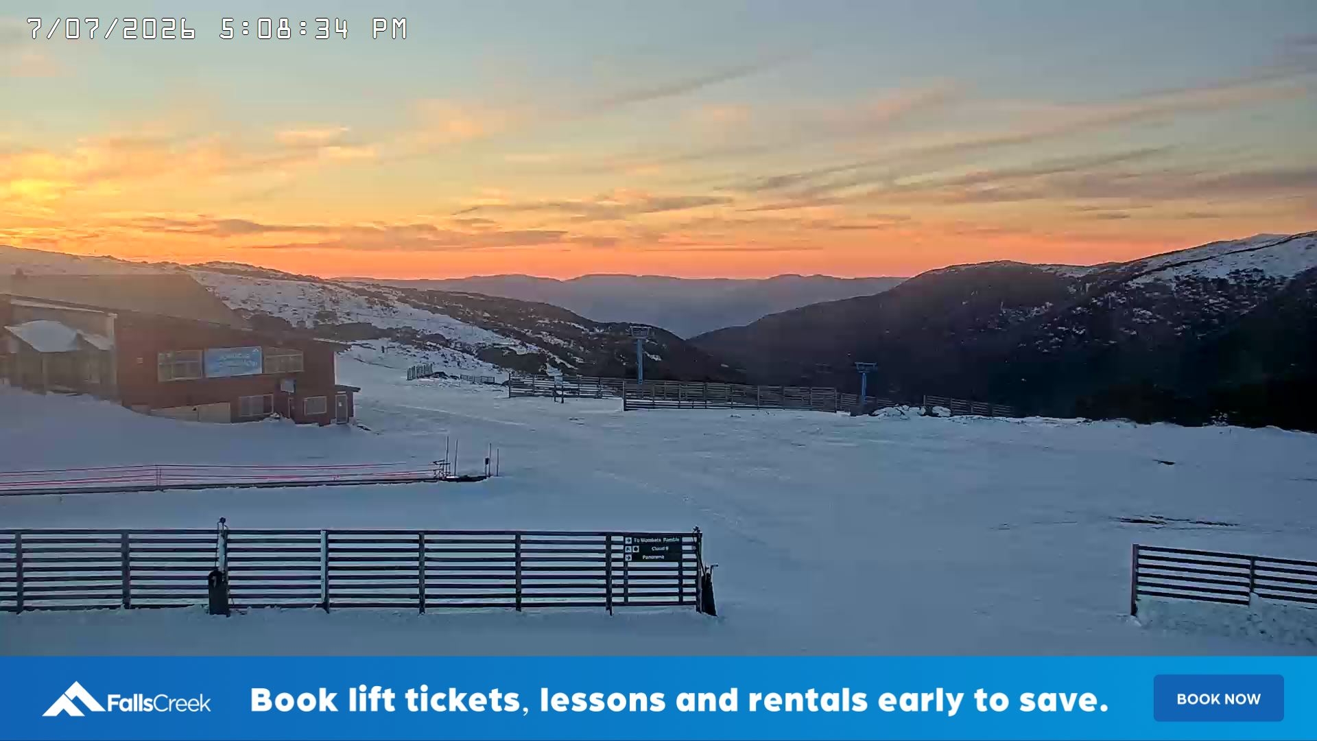 Falls Creek Cloud 9 snow cam captured at 7 July 2026 at 5:10 pm AEST