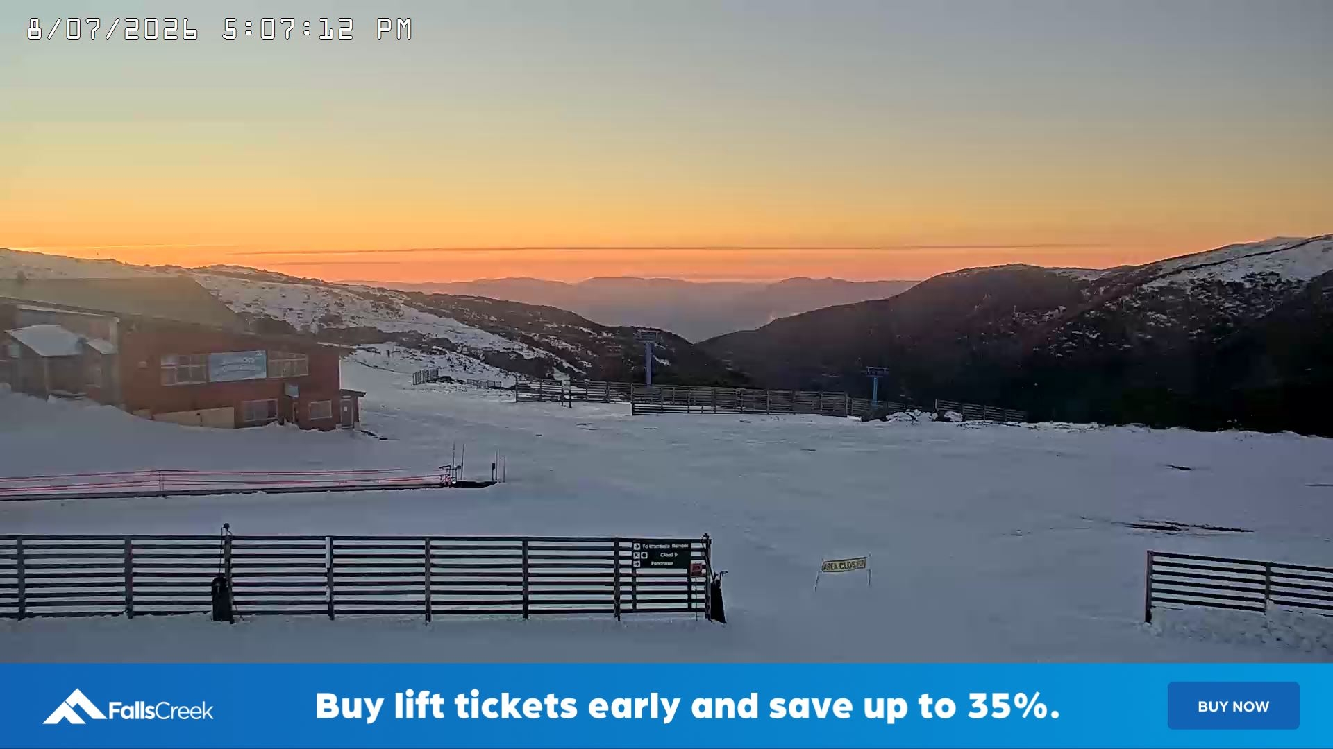 Falls Creek Cloud 9 snow cam captured at 8 July 2026 at 5:13 pm AEST