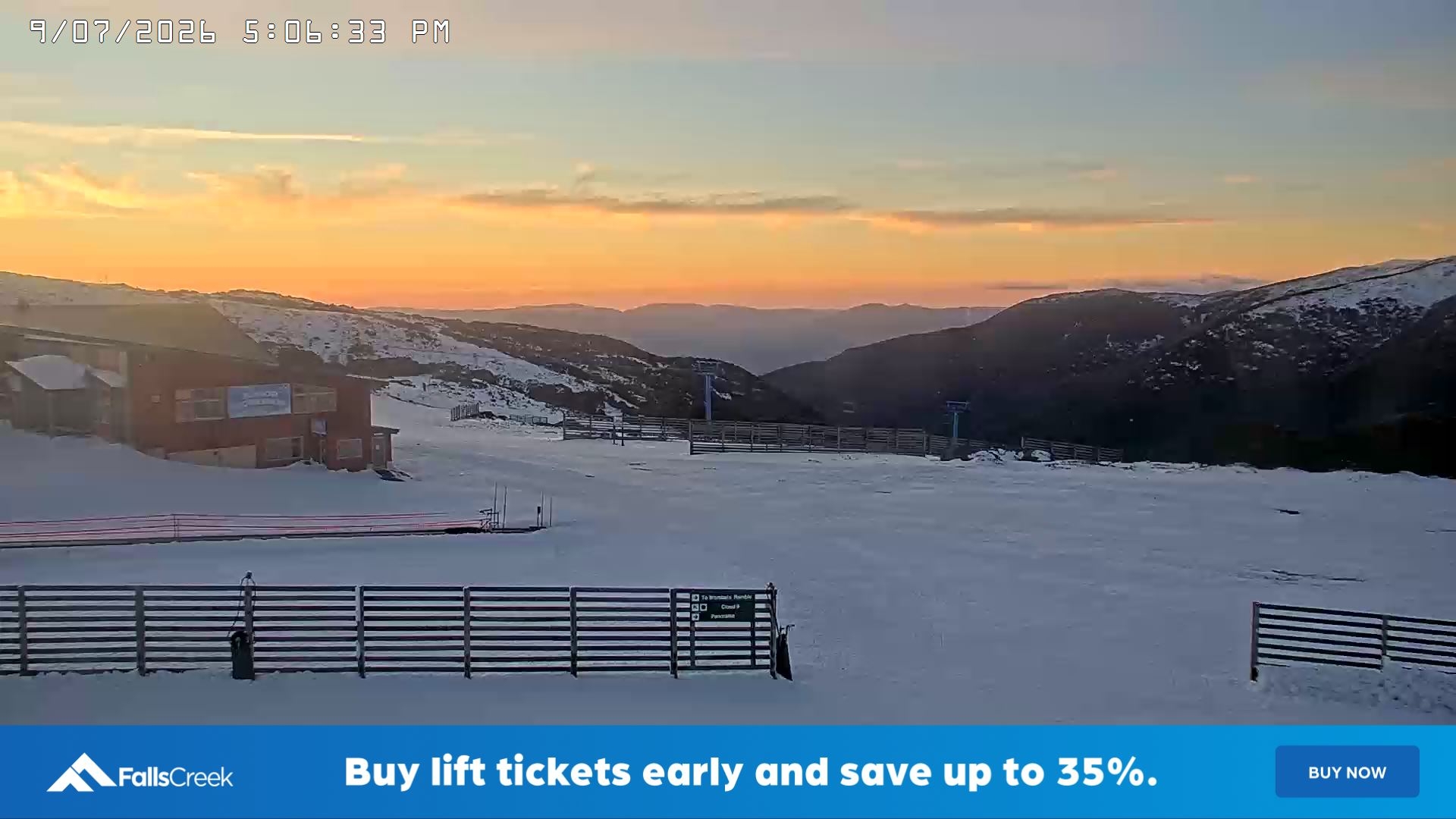 Falls Creek Cloud 9 snow cam captured at 9 July 2026 at 5:14 pm AEST