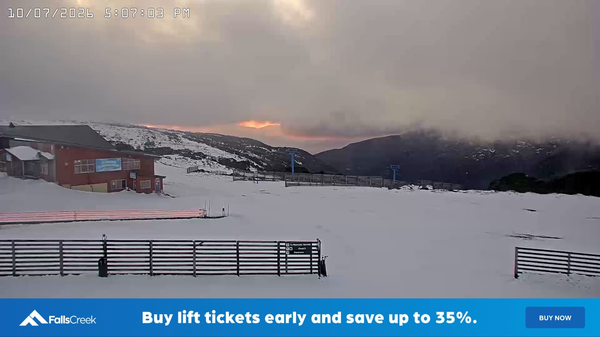 Falls Creek Cloud 9 snow cam captured at 10 July 2026 at 5:15 pm AEST