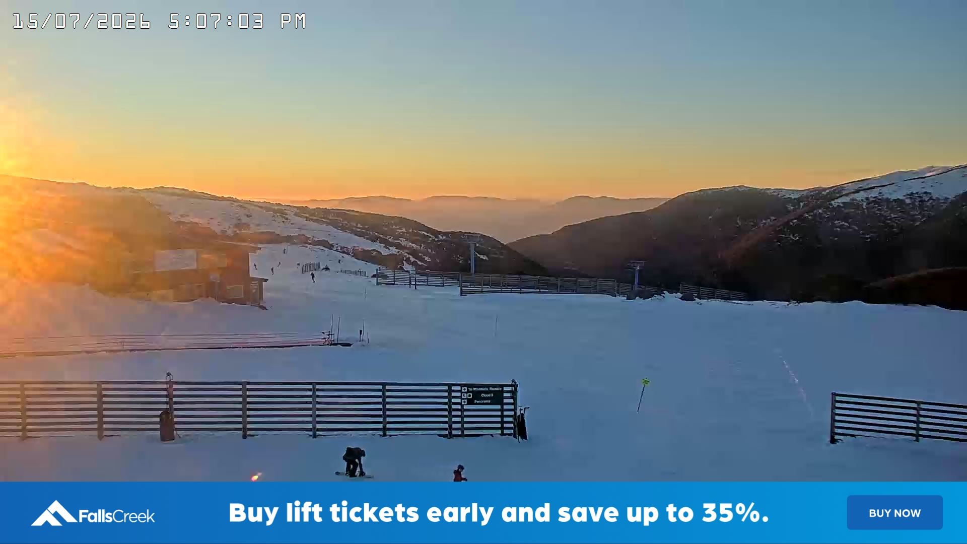 Falls Creek Cloud 9 snow cam captured at 15 July 2026 at 5:18 pm AEST
