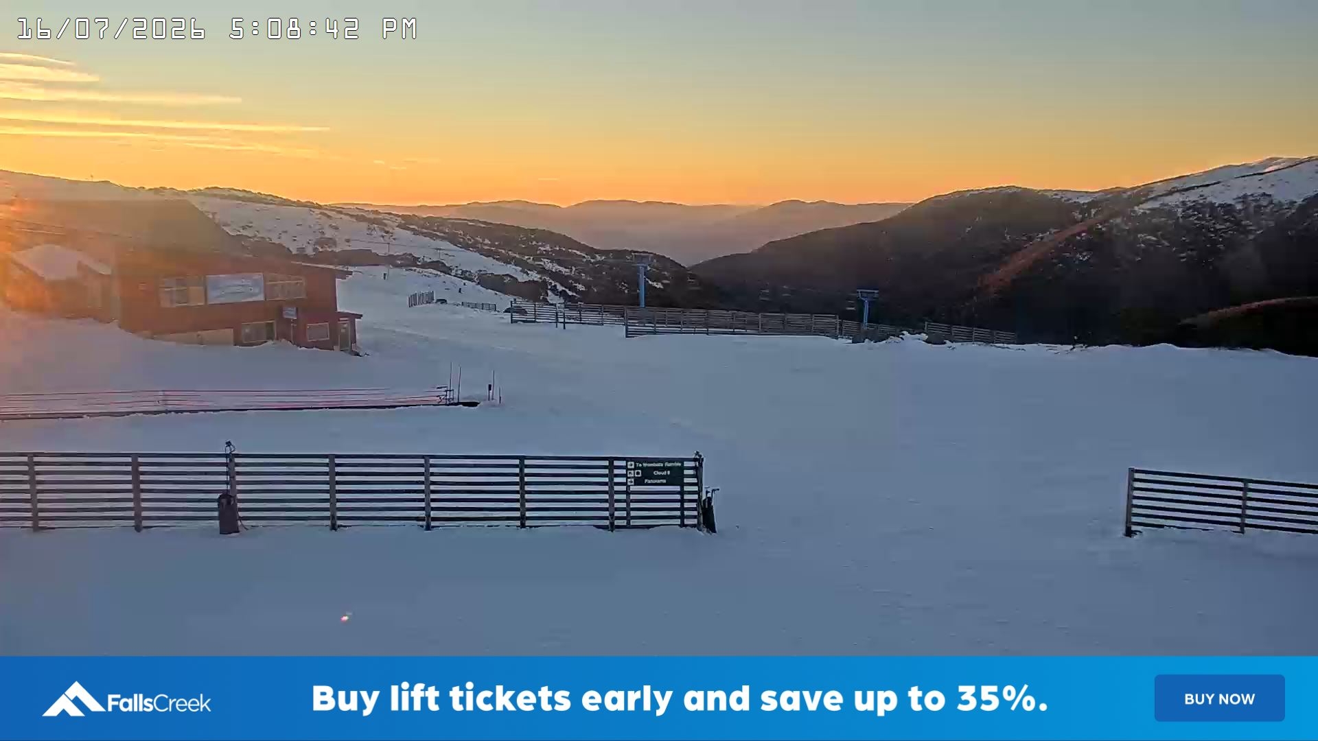Falls Creek Cloud 9 snow cam captured at 16 July 2026 at 5:19 pm AEST