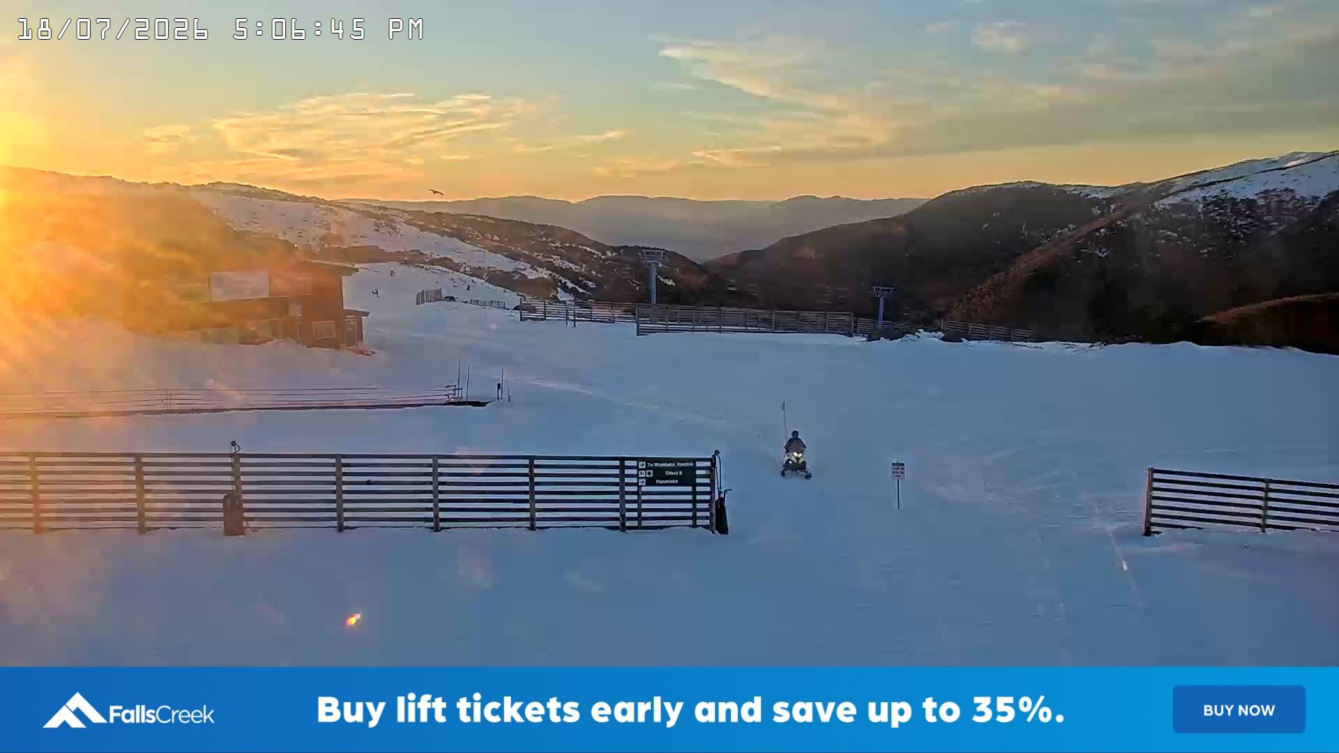 Falls Creek Cloud 9 snow cam captured at 18 July 2026 at 5:10 pm AEST