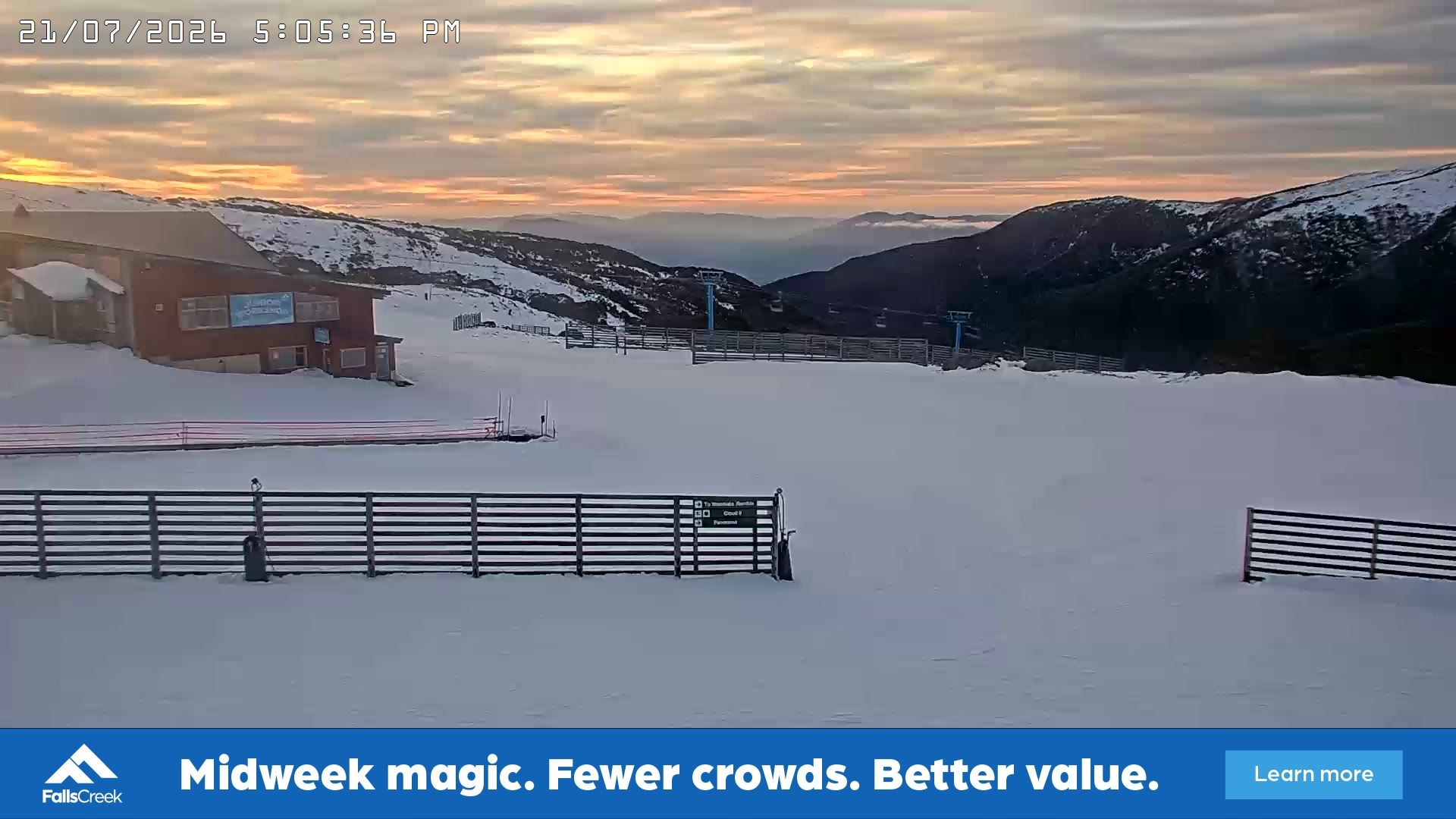Falls Creek Cloud 9 snow cam captured at 21 July 2026 at 5:14 pm AEST