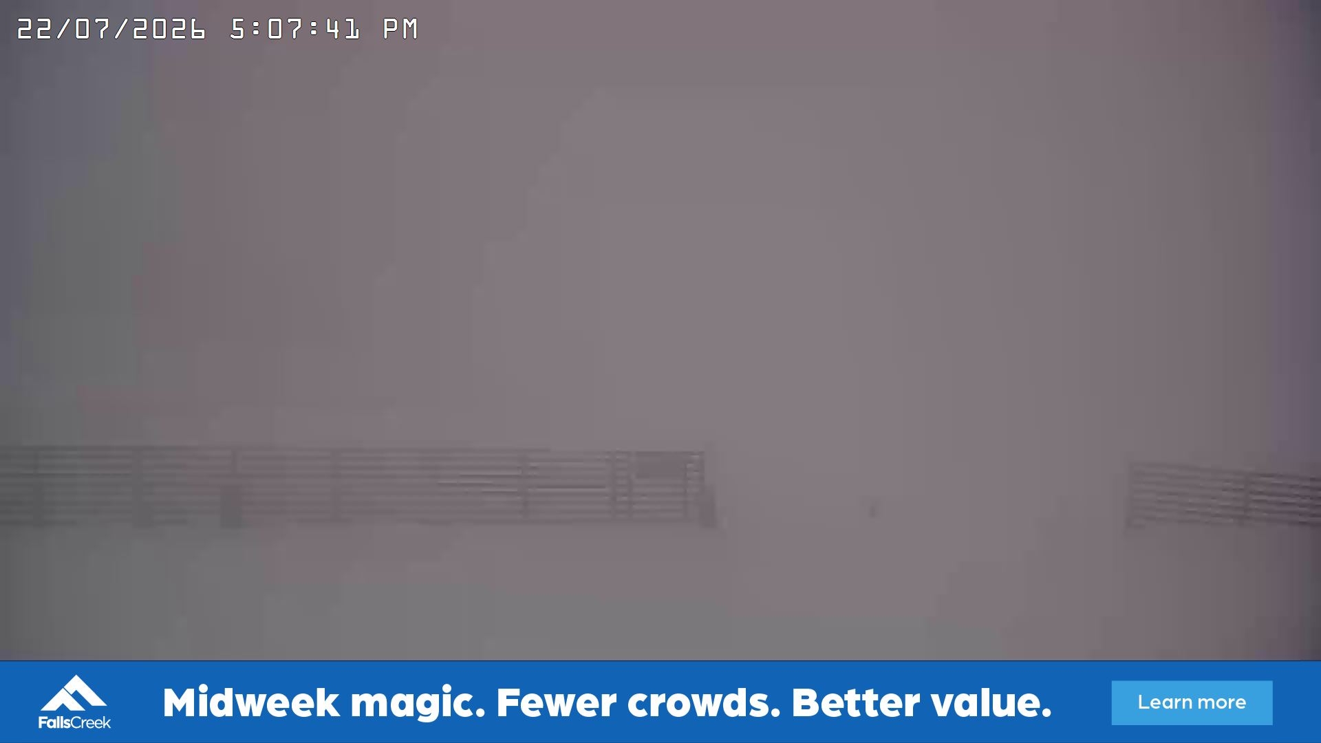 Falls Creek Cloud 9 snow cam captured at 22 July 2026 at 5:15 pm AEST