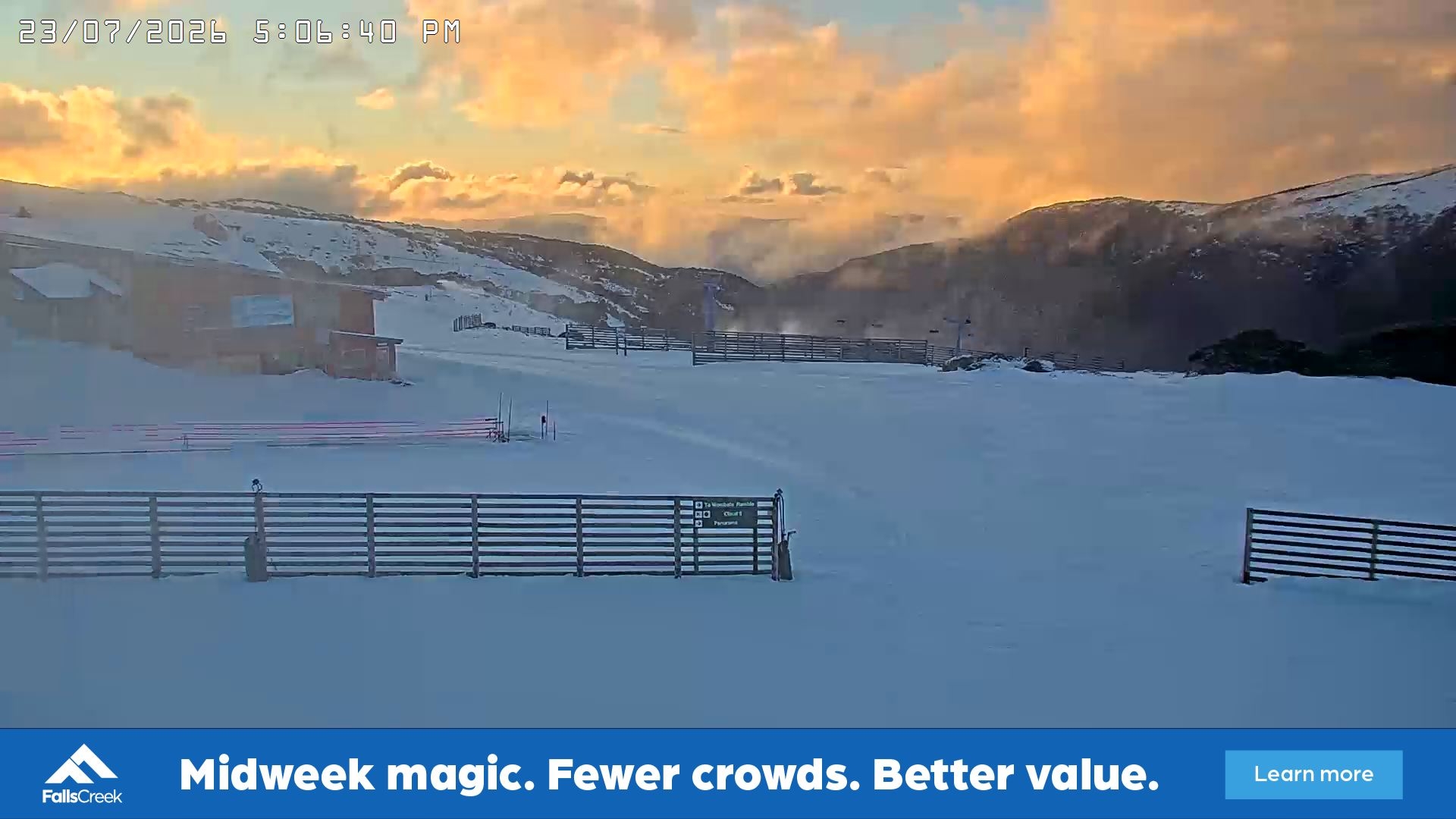 Falls Creek Cloud 9 snow cam captured at 23 July 2026 at 5:16 pm AEST