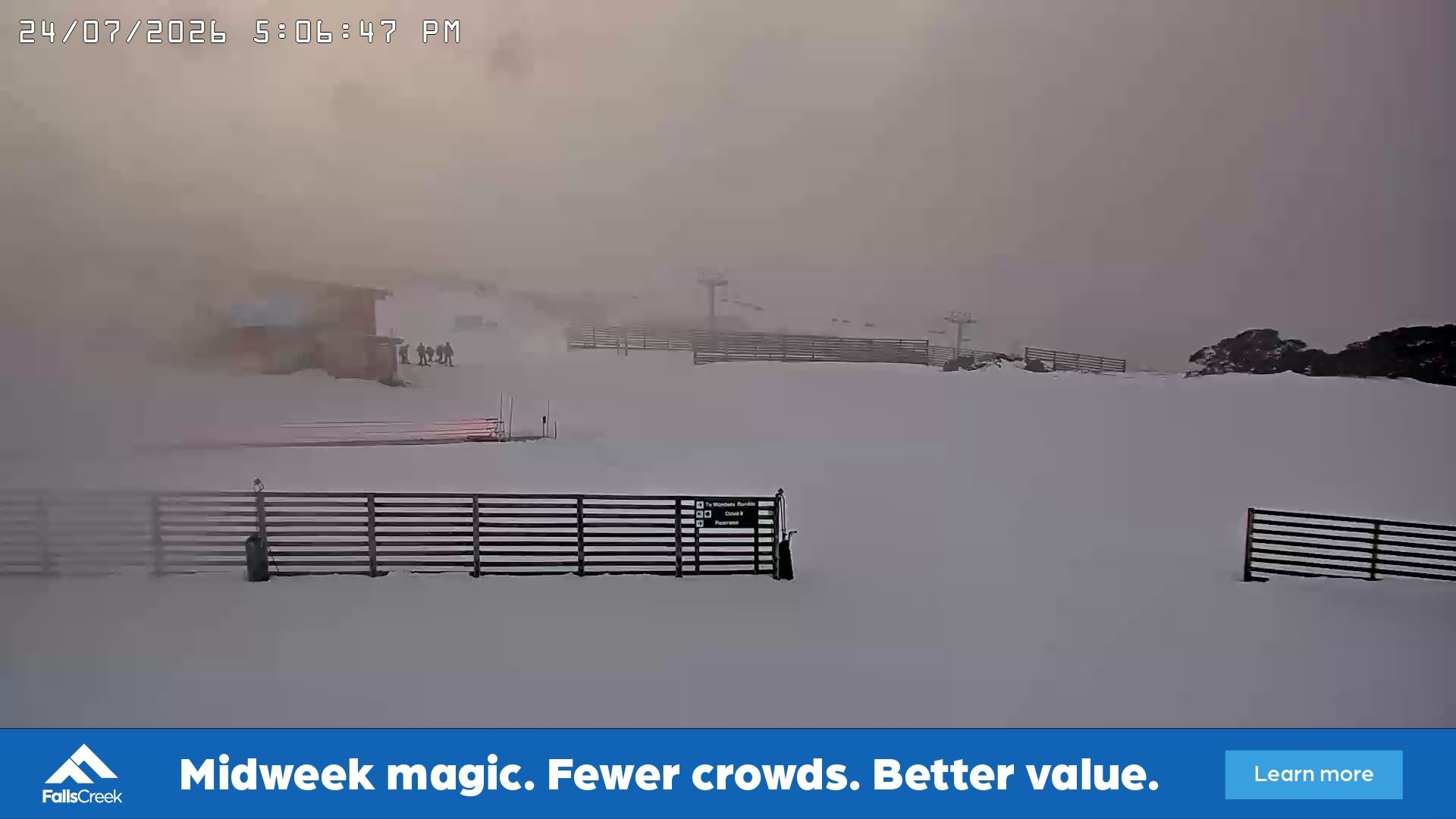 Falls Creek Cloud 9 snow cam captured at 24 July 2026 at 5:17 pm AEST