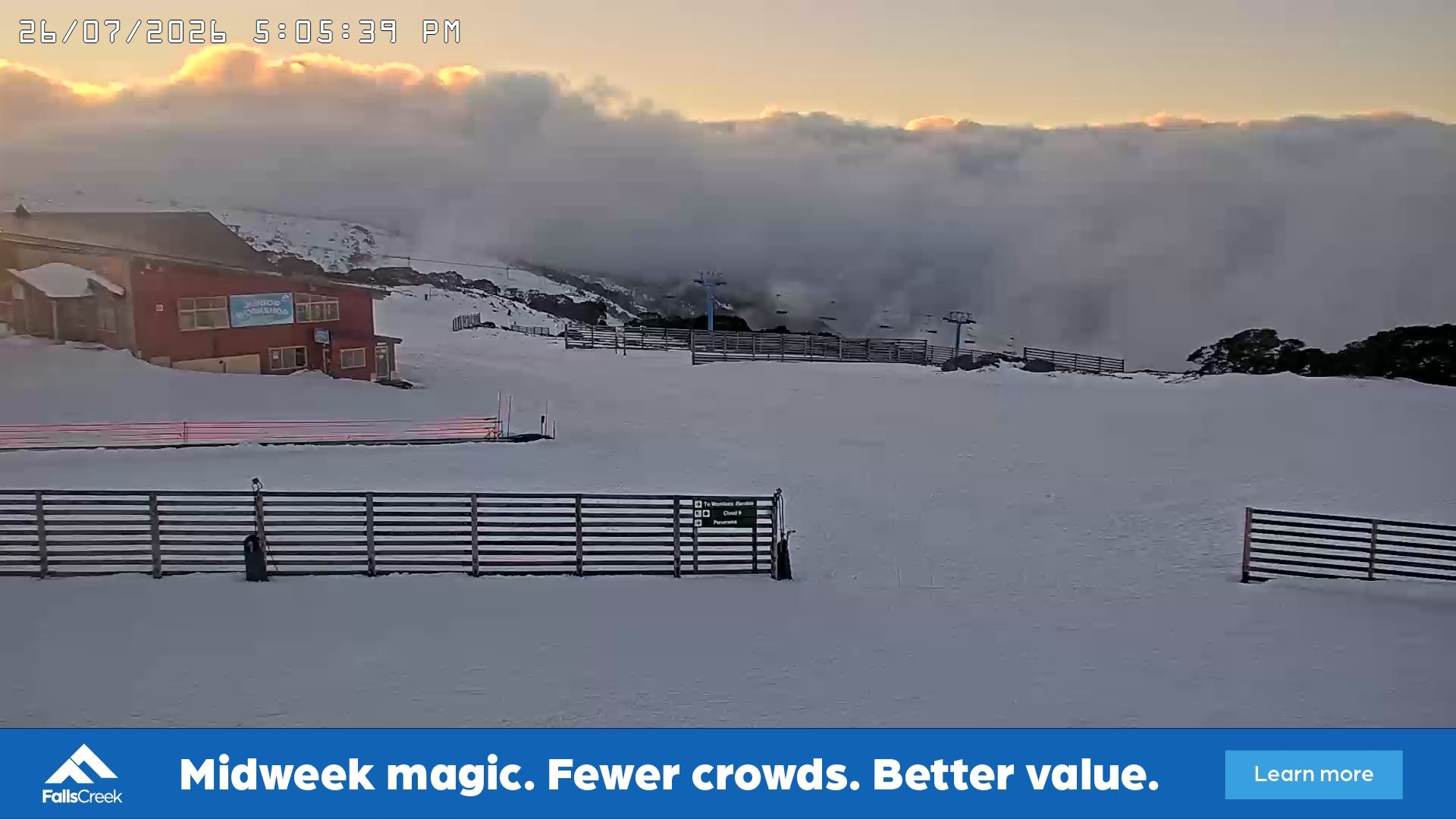 Falls Creek Cloud 9 snow cam captured at 26 July 2026 at 5:20 pm AEST