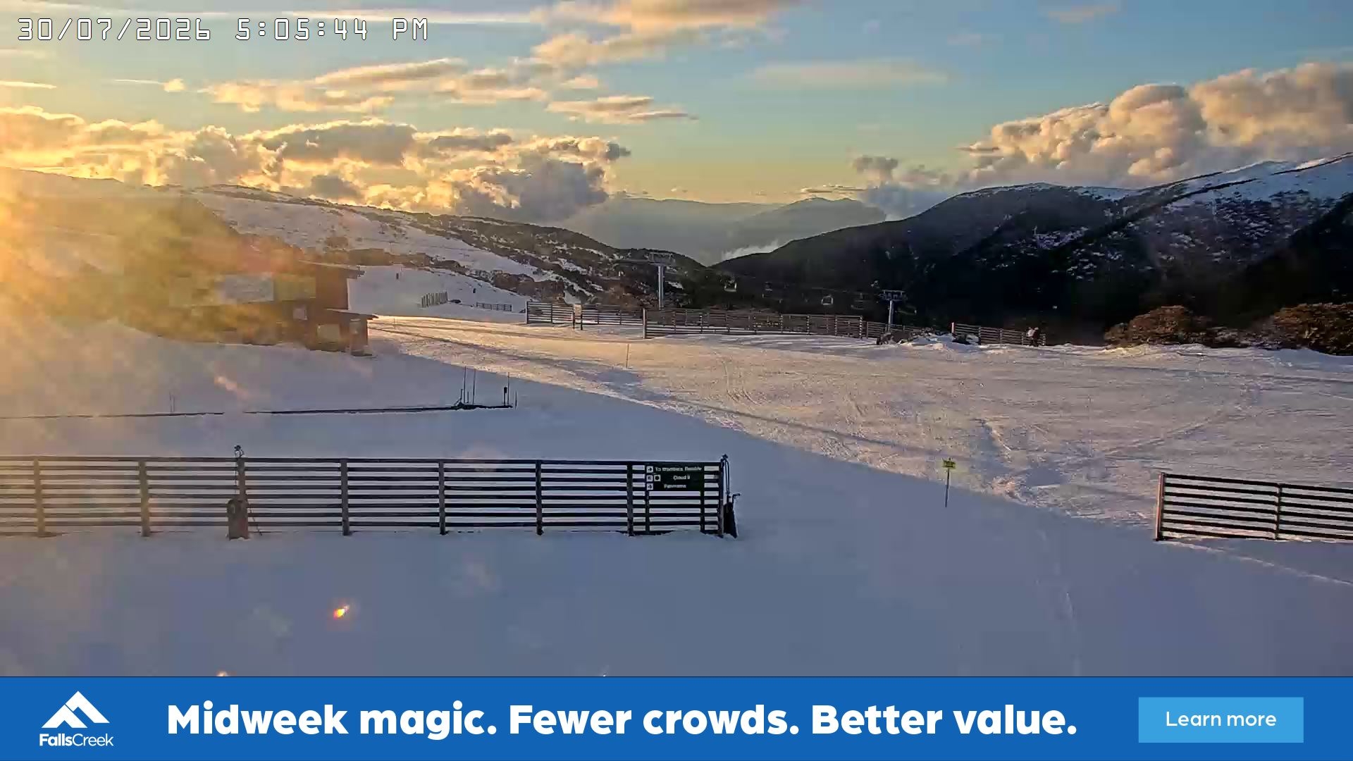 Falls Creek Cloud 9 snow cam captured at 30 July 2026 at 5:12 pm AEST