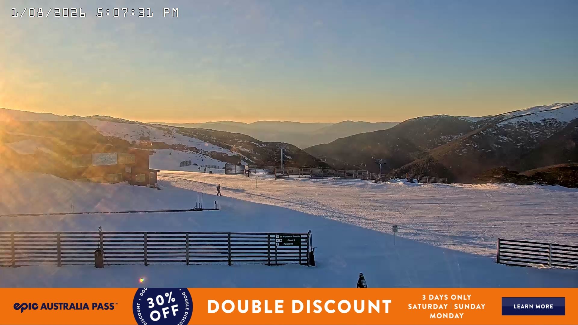 Falls Creek Cloud 9 snow cam captured at 1 August 2026 at 5:19 pm AEST