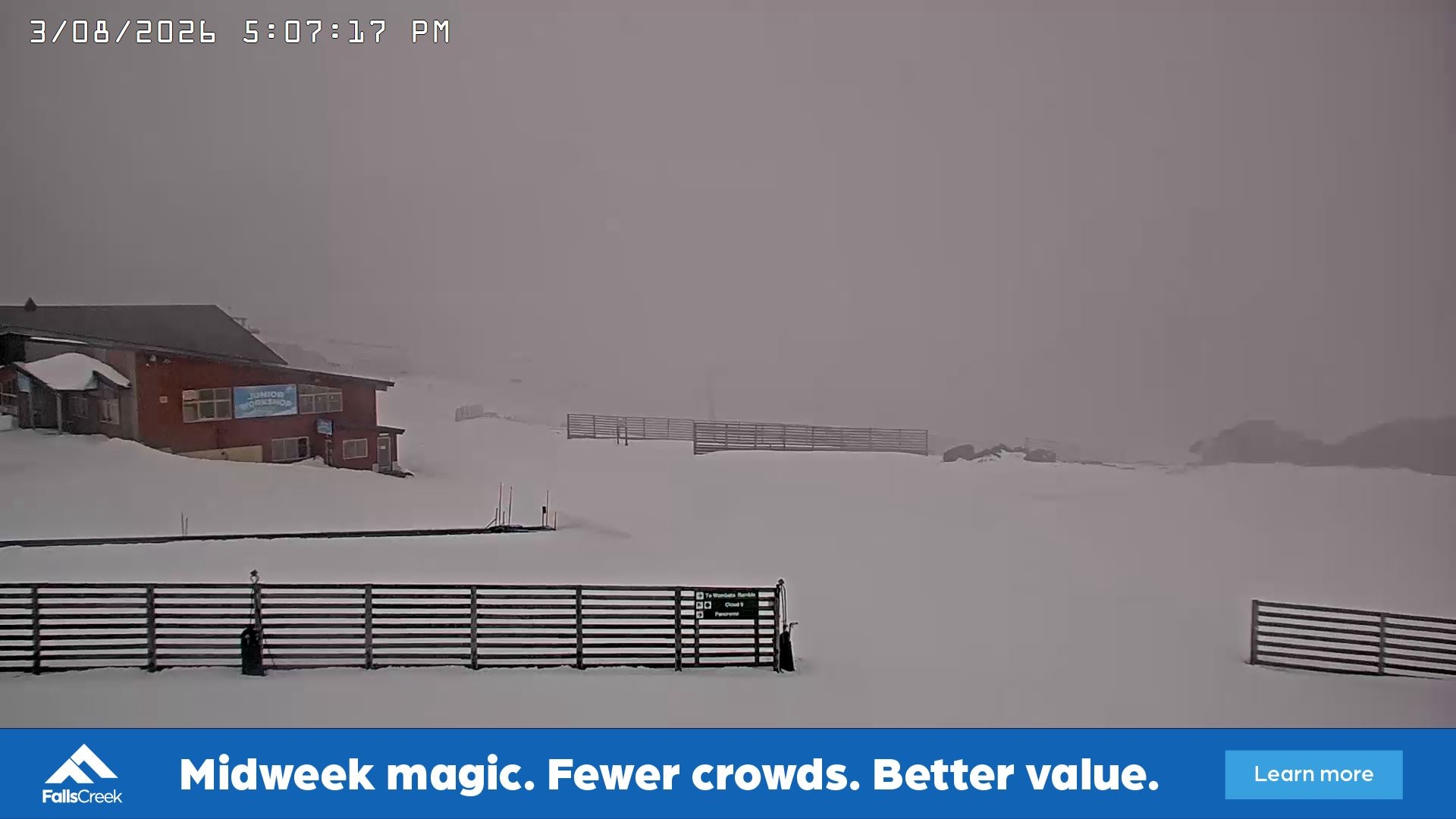 Falls Creek Cloud 9 snow cam captured at 3 August 2026 at 5:16 pm AEST