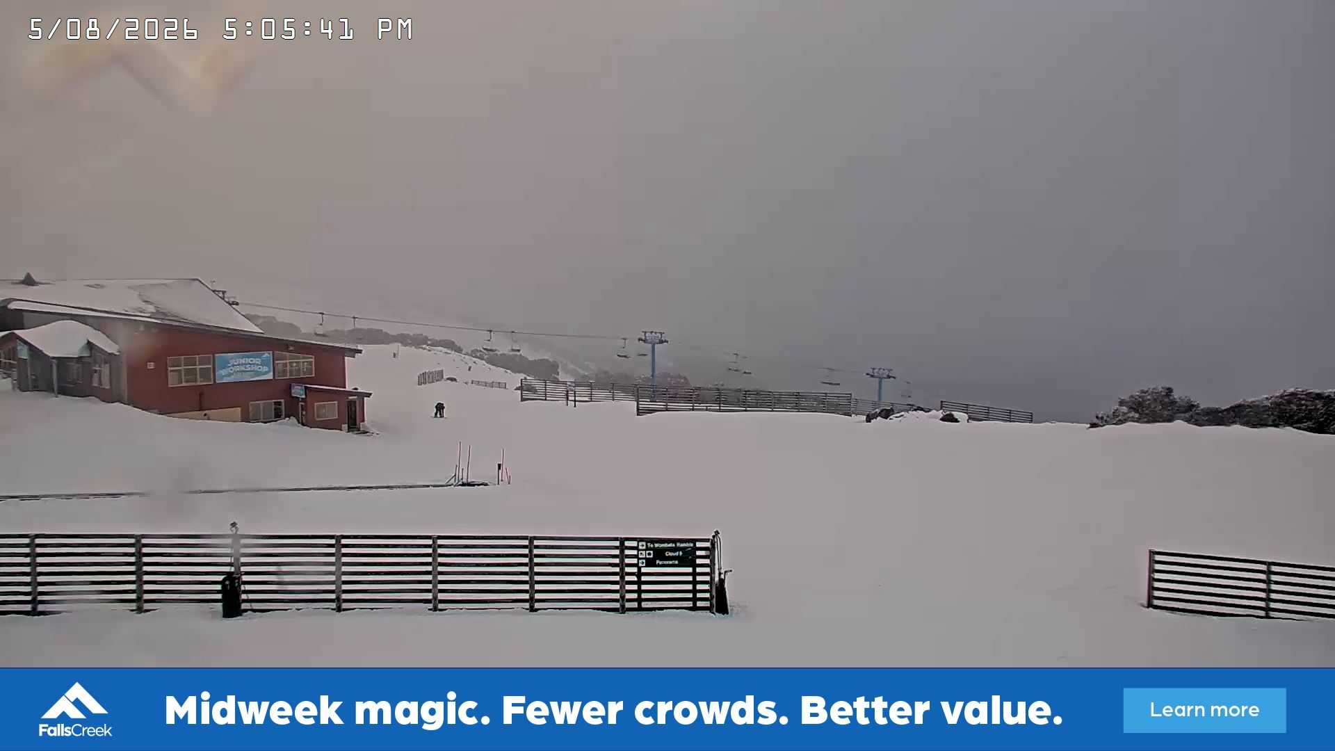Falls Creek Cloud 9 snow cam captured at 5 August 2026 at 5:14 pm AEST