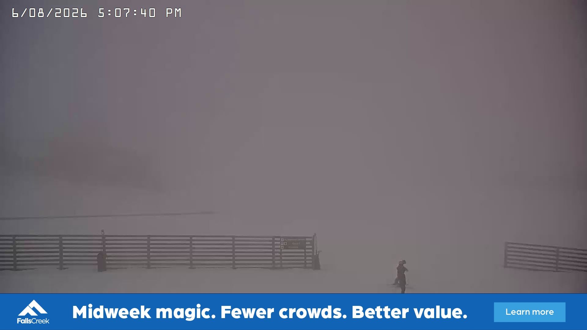 Falls Creek Cloud 9 snow cam captured at 6 August 2026 at 5:14 pm AEST