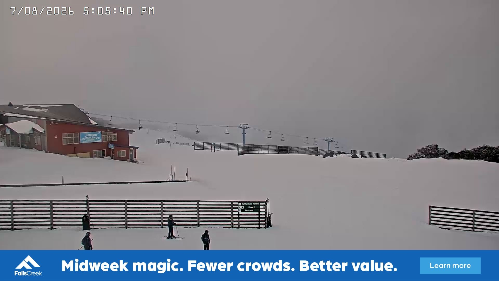 Falls Creek Cloud 9 snow cam captured at 7 August 2026 at 5:15 pm AEST