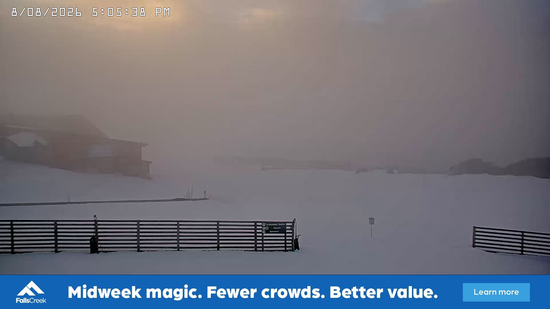 Falls Creek Cloud 9 snow cam captured at 8 August 2026 at 5:16 pm AEST