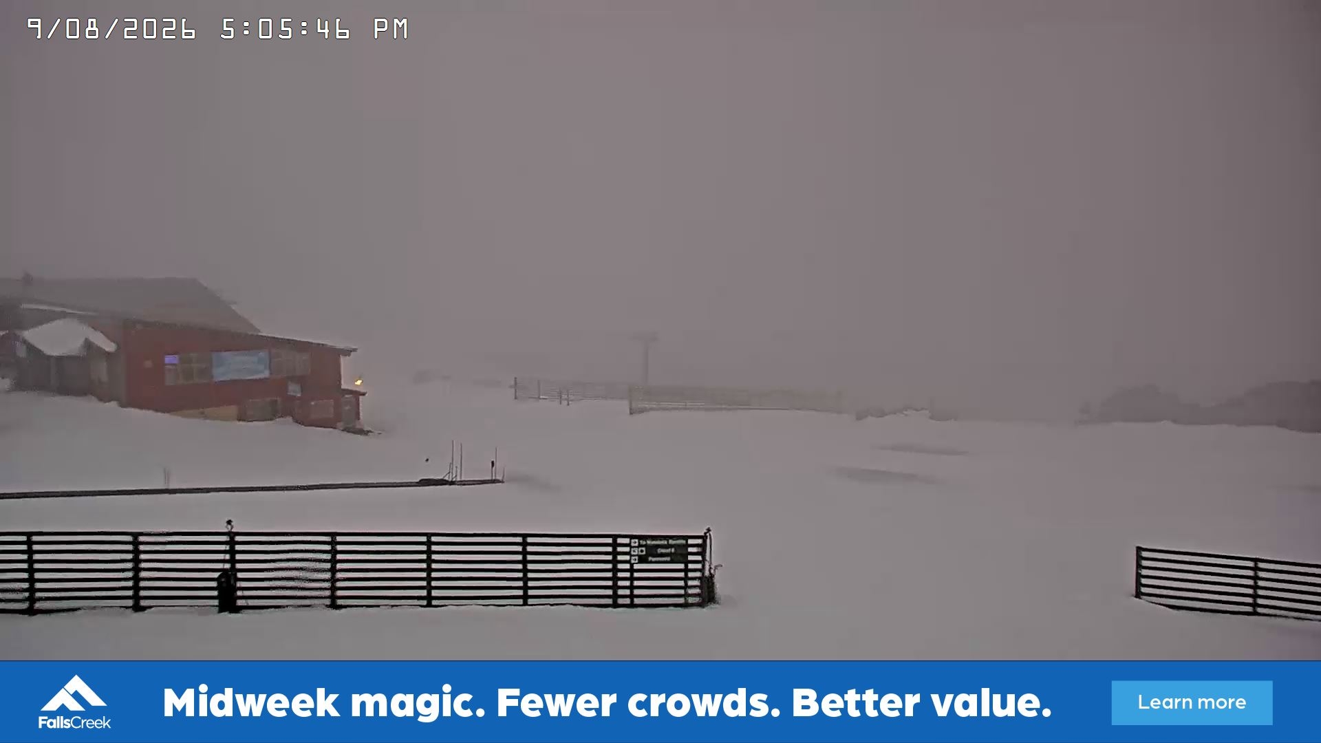 Falls Creek Cloud 9 snow cam captured at 9 August 2026 at 5:17 pm AEST