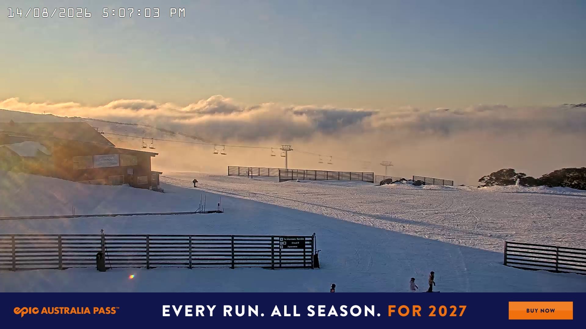 Falls Creek Cloud 9 snow cam captured at 14 August 2026 at 5:19 pm AEST