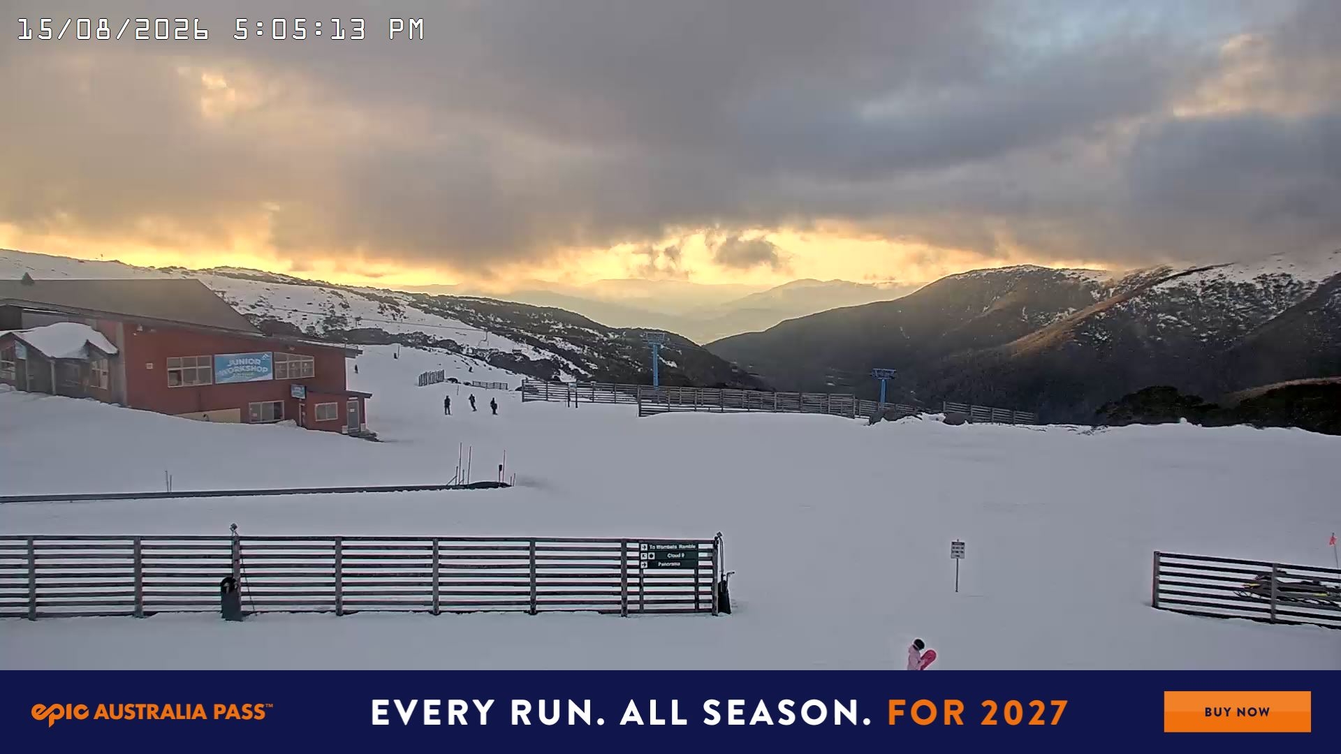 Falls Creek Cloud 9 snow cam captured at 15 August 2026 at 5:20 pm AEST