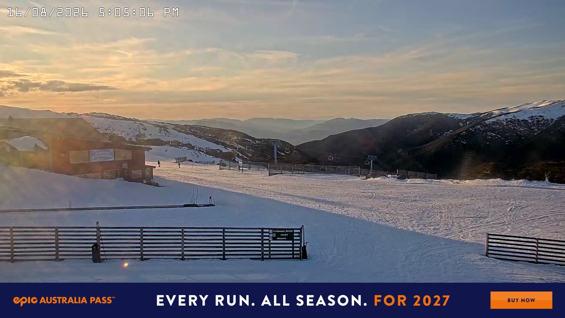 Falls Creek Cloud 9 snow cam captured at 16 August 2026 at 5:21 pm AEST