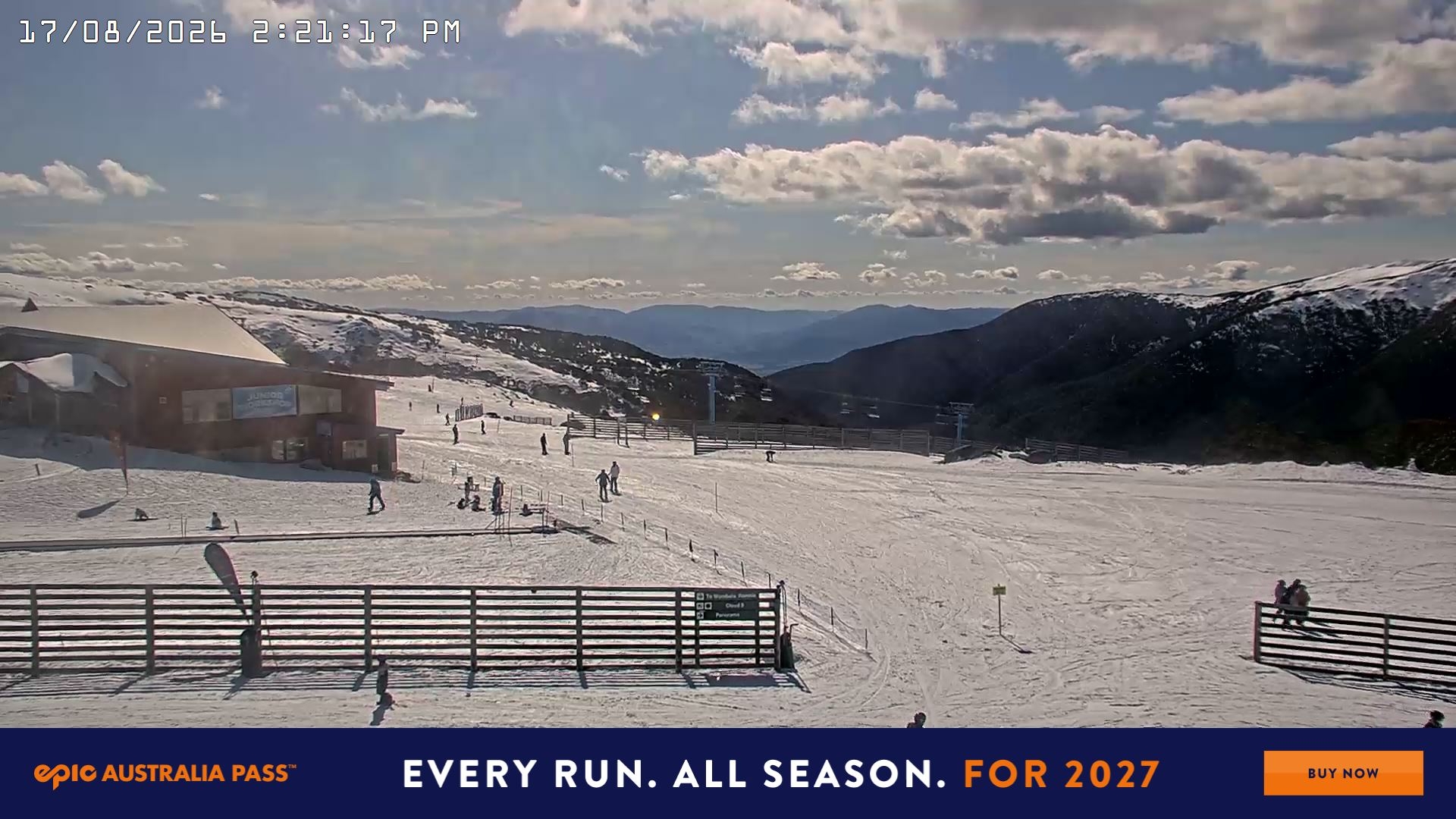 Falls Creek Cloud 9 snow cam captured at 17 August 2026 at 2:37 pm AEST