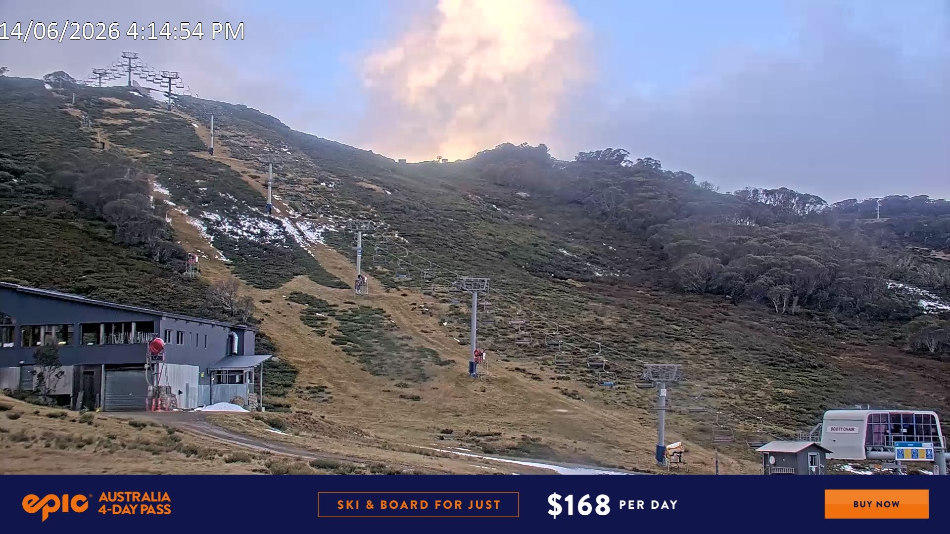 Falls Creek Scotts snow cam captured at 14 June 2026, 6:25 am