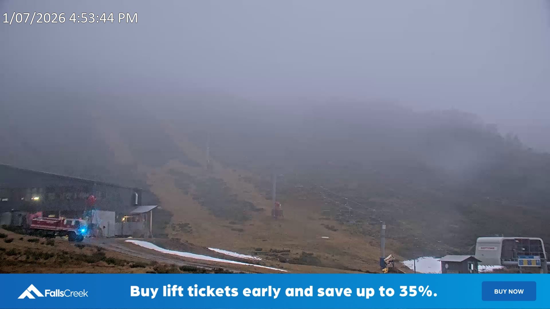 Falls Creek Scott Chair snow cam captured at 1 July 2026 at 5:04 pm AEST