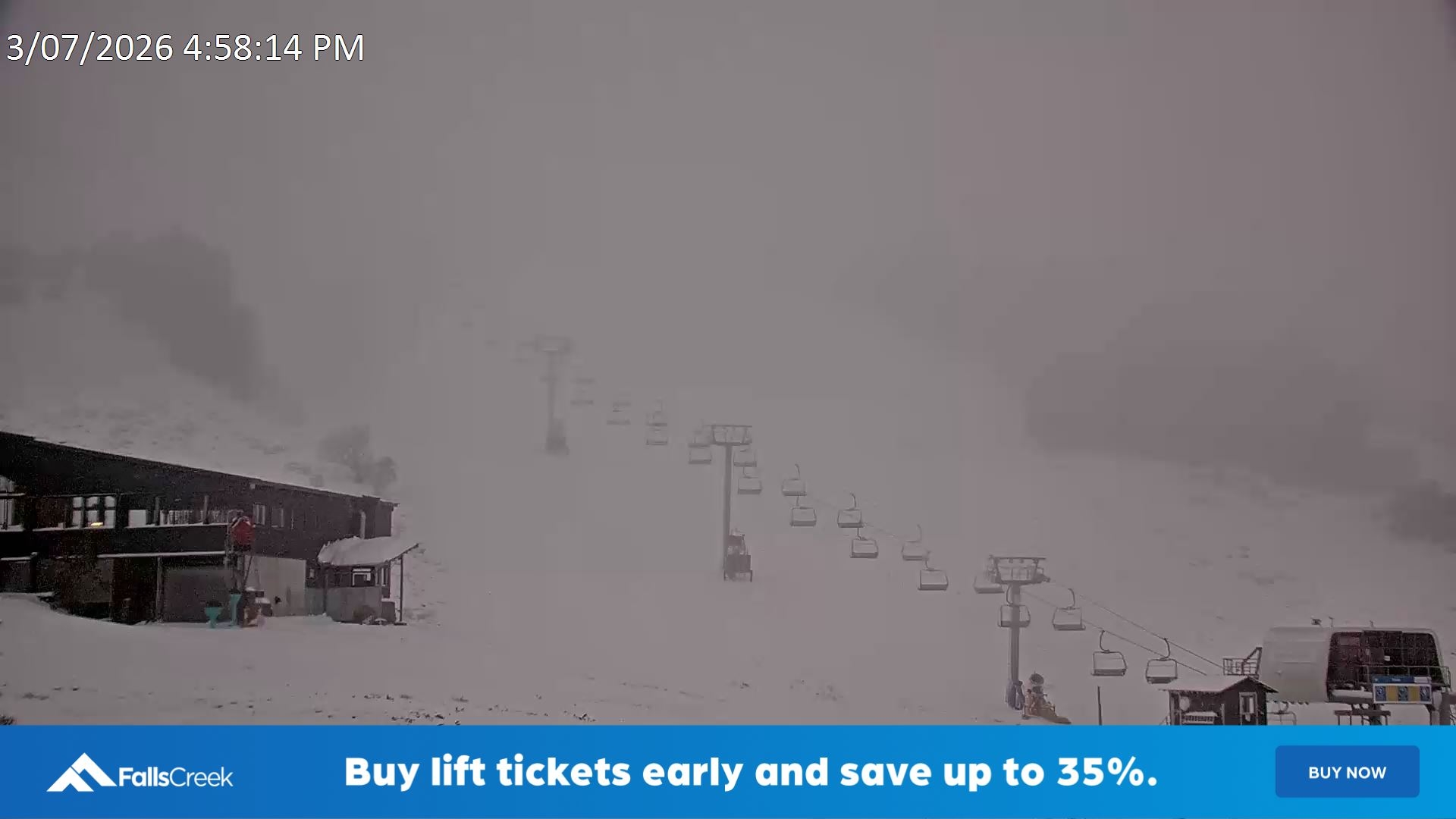 Falls Creek Scott Chair snow cam captured at 3 July 2026 at 5:06 pm AEST