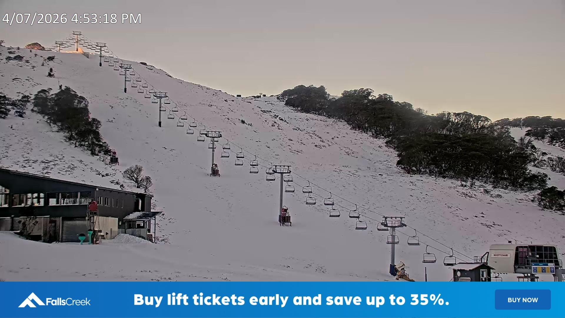 Falls Creek Scott Chair snow cam captured at 4 July 2026 at 5:07 pm AEST
