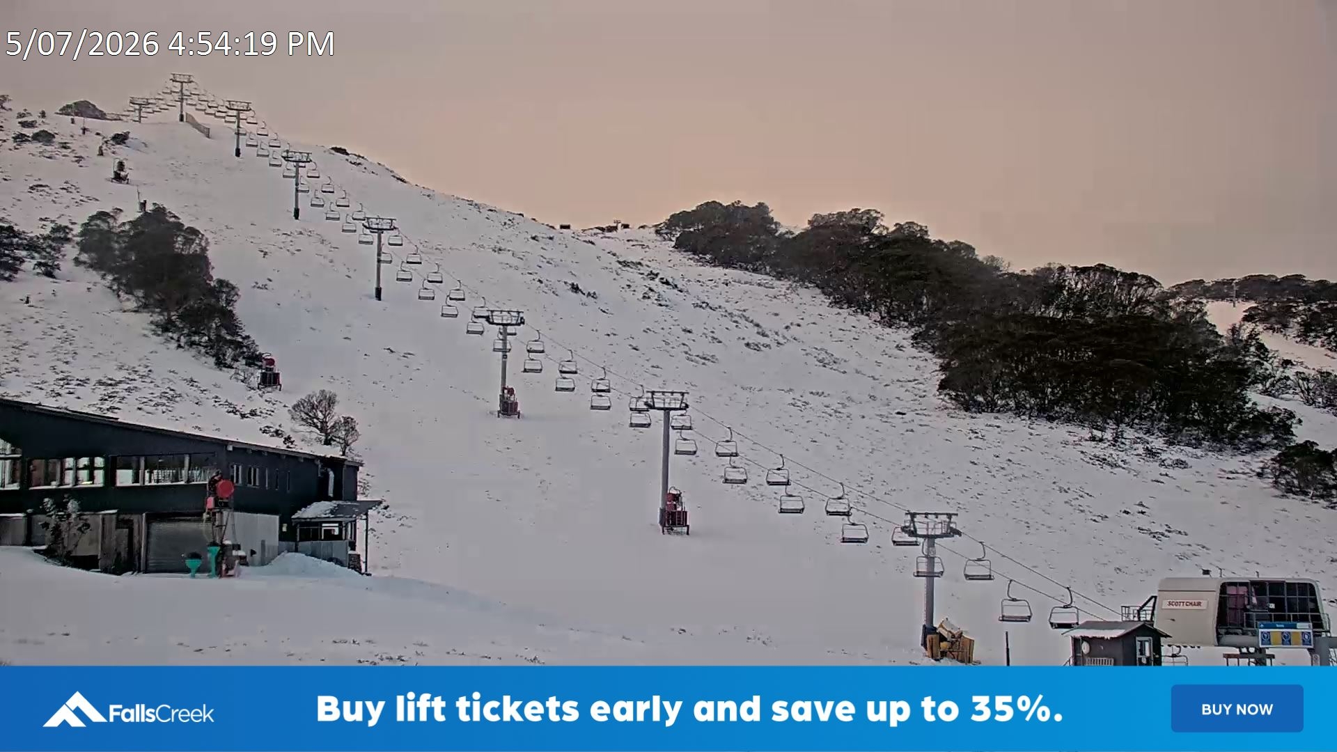 Falls Creek Scott Chair snow cam captured at 5 July 2026 at 5:08 pm AEST