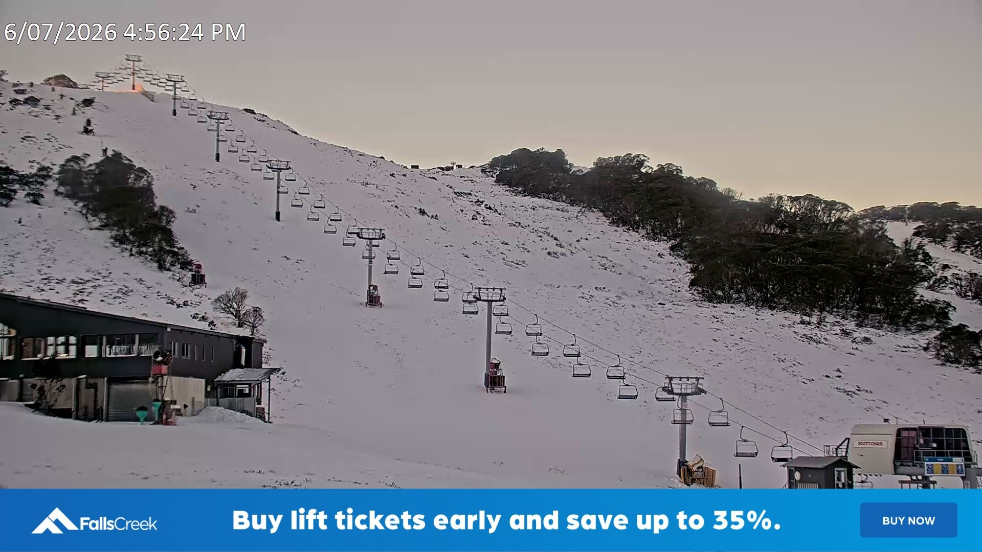 Falls Creek Scott Chair snow cam captured at 6 July 2026 at 5:09 pm AEST