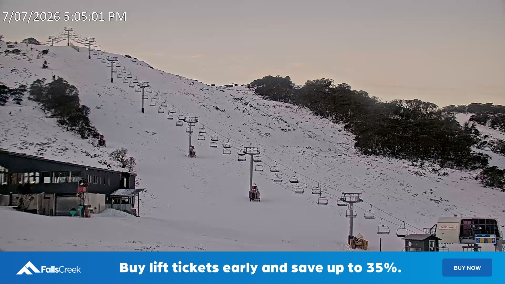 Falls Creek Scott Chair snow cam captured at 7 July 2026 at 5:10 pm AEST