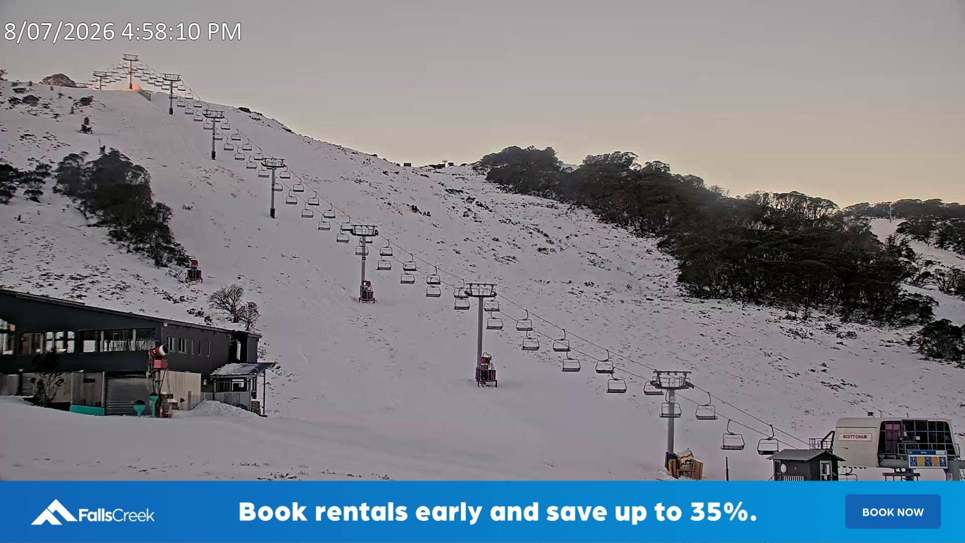 Falls Creek Scott Chair snow cam captured at 8 July 2026 at 5:02 pm AEST