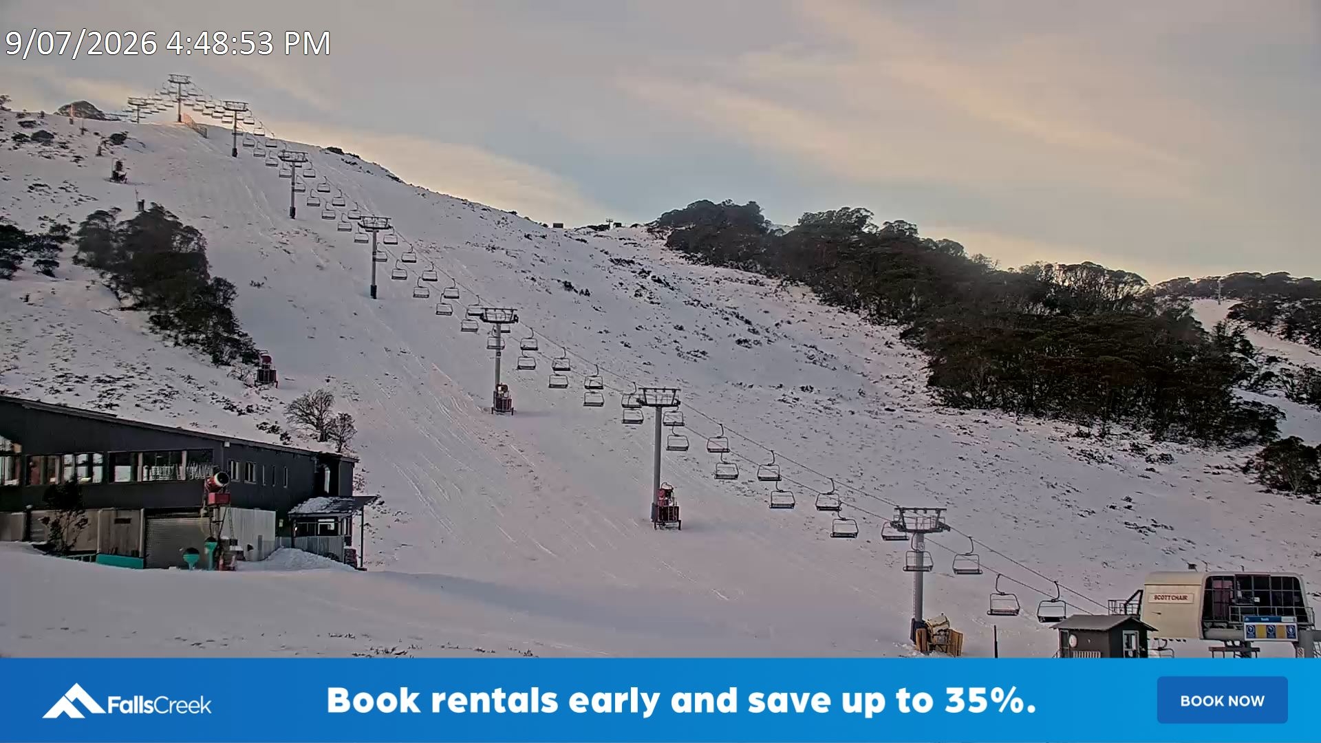 Falls Creek Scott Chair snow cam captured at 9 July 2026 at 4:52 pm AEST