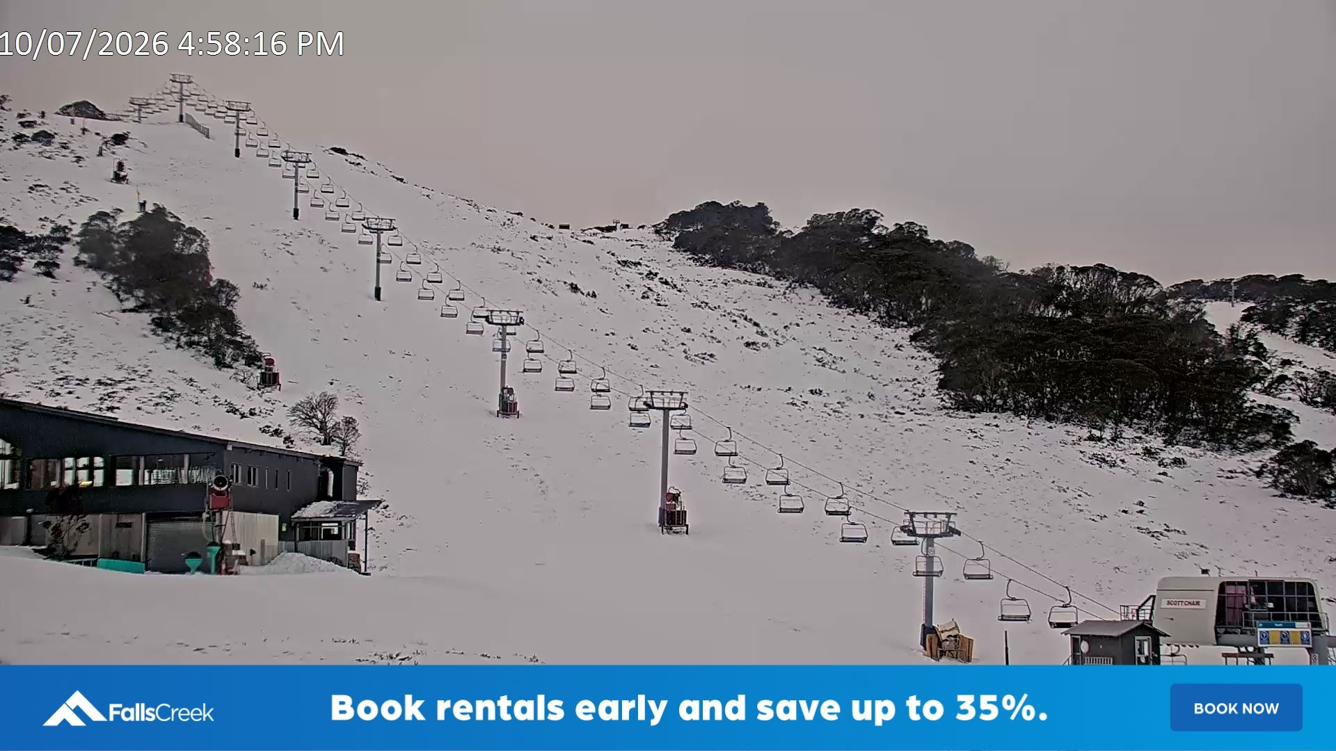 Falls Creek Scott Chair snow cam captured at 10 July 2026 at 5:04 pm AEST