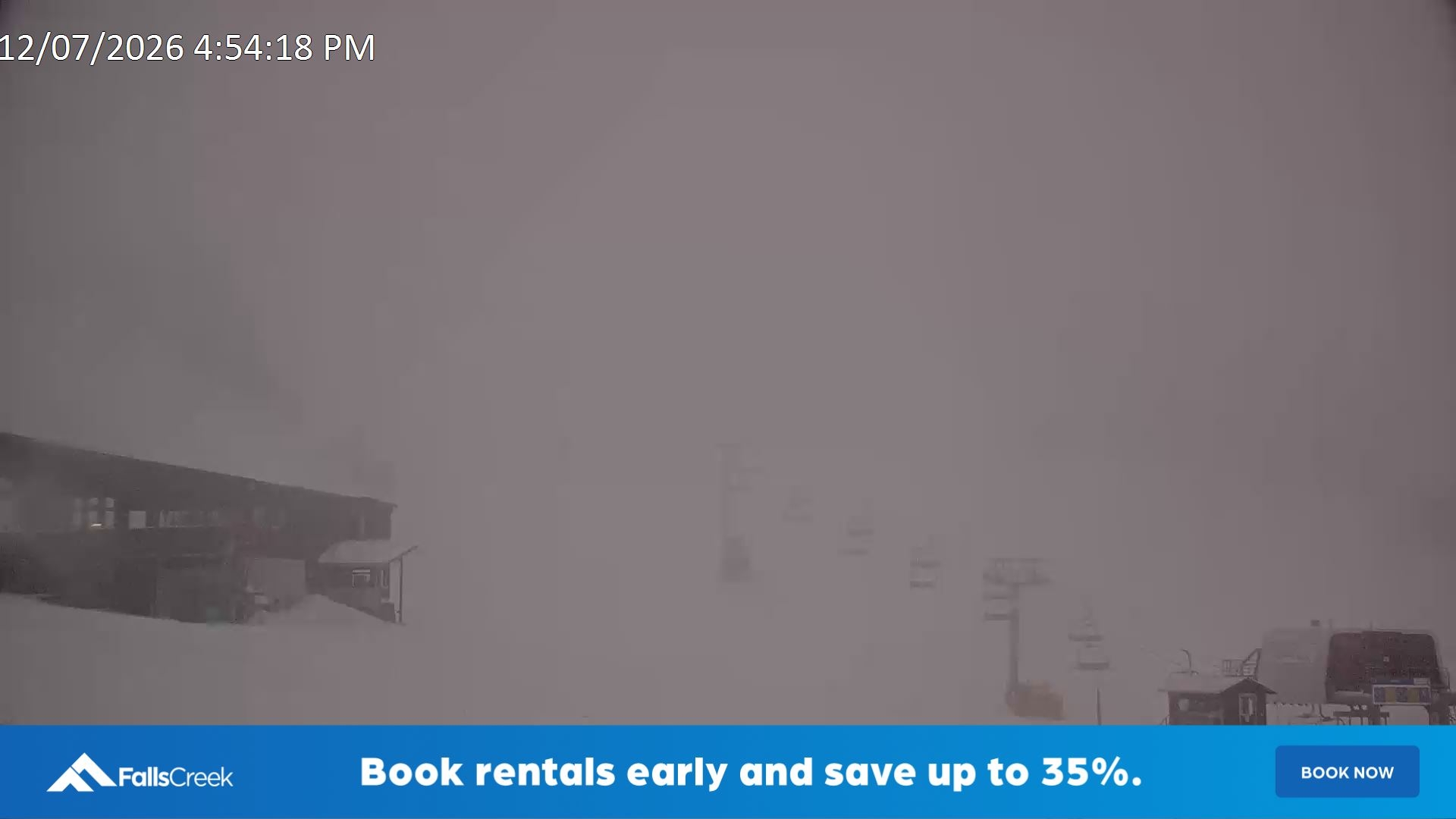 Falls Creek Scott Chair snow cam captured at 12 July 2026 at 5:05 pm AEST